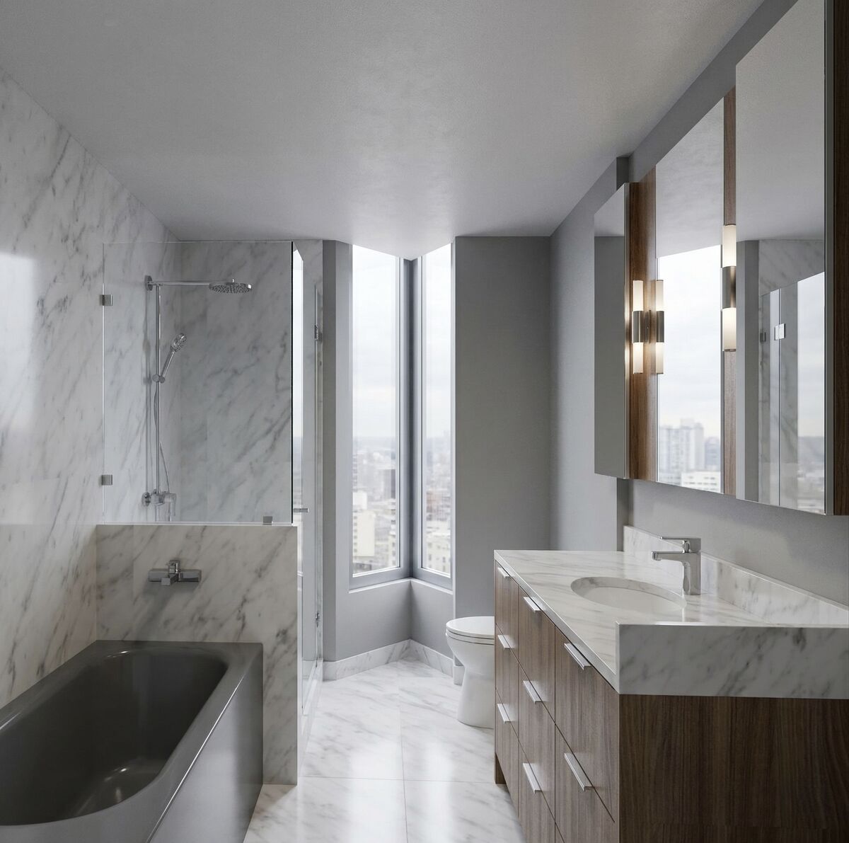 3D rendering of new condo bathroom — full marble walls, walnut vanity, soaker tub, rain shower, city views by Eurohouse Studio