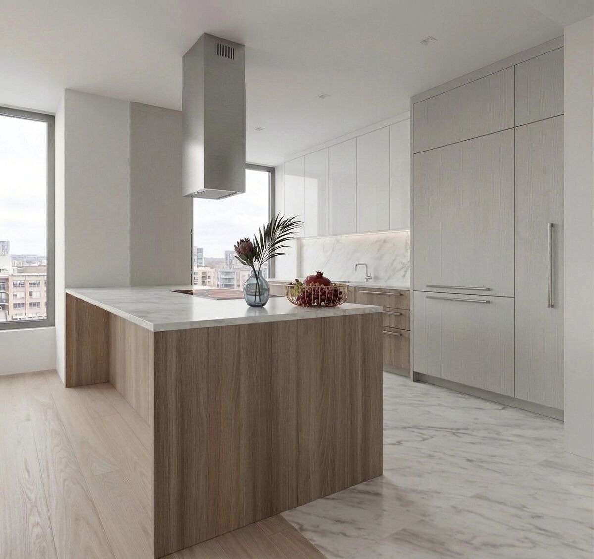 3D rendering of condo kitchen island — walnut base with marble countertop, integrated cooktop and range hood, city views