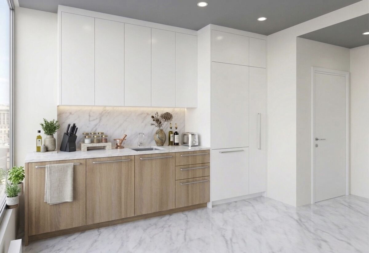 3D rendering of new condo kitchen design — white upper cabinetry, walnut lower cabinets, marble backsplash and flooring by Eurohouse Studio