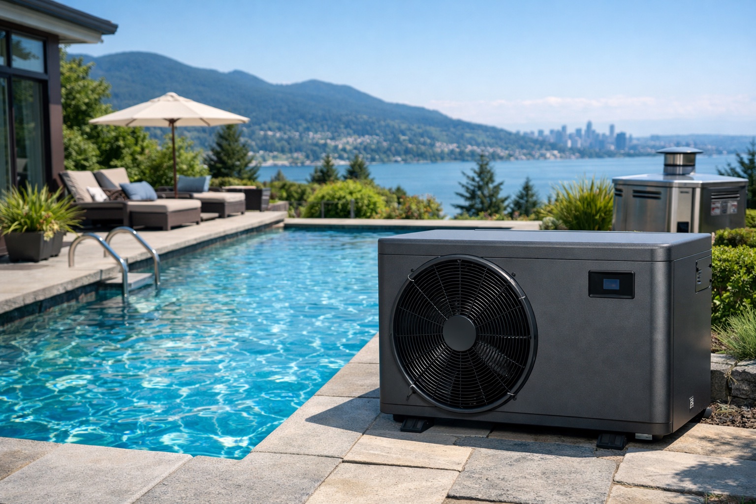 Pool heat pump unit beside luxury residential swimming pool — indoor pool heating comparison by Eurohouse Construction Vancouver