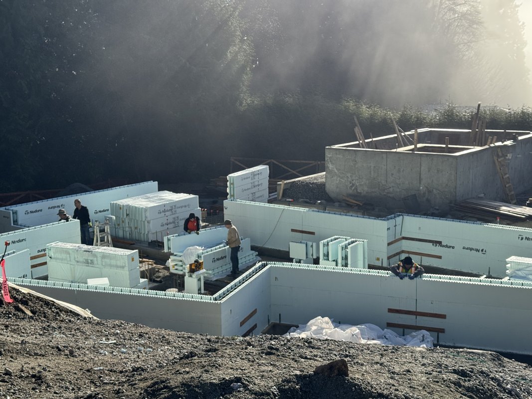 ICF foundation waterproofing with liquid membrane and dimple board