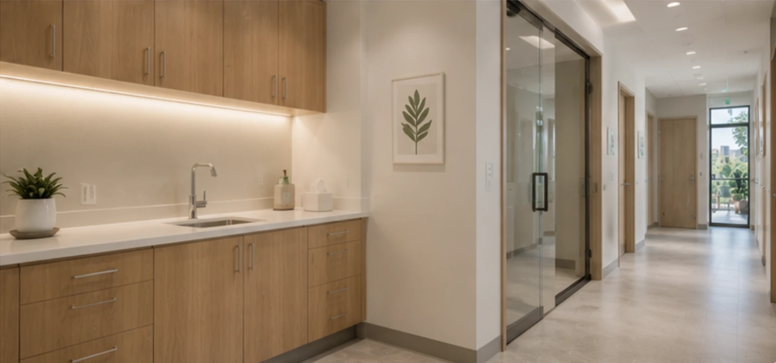 Conceptual rendering of a medical office casework area and corridor with glazed doors