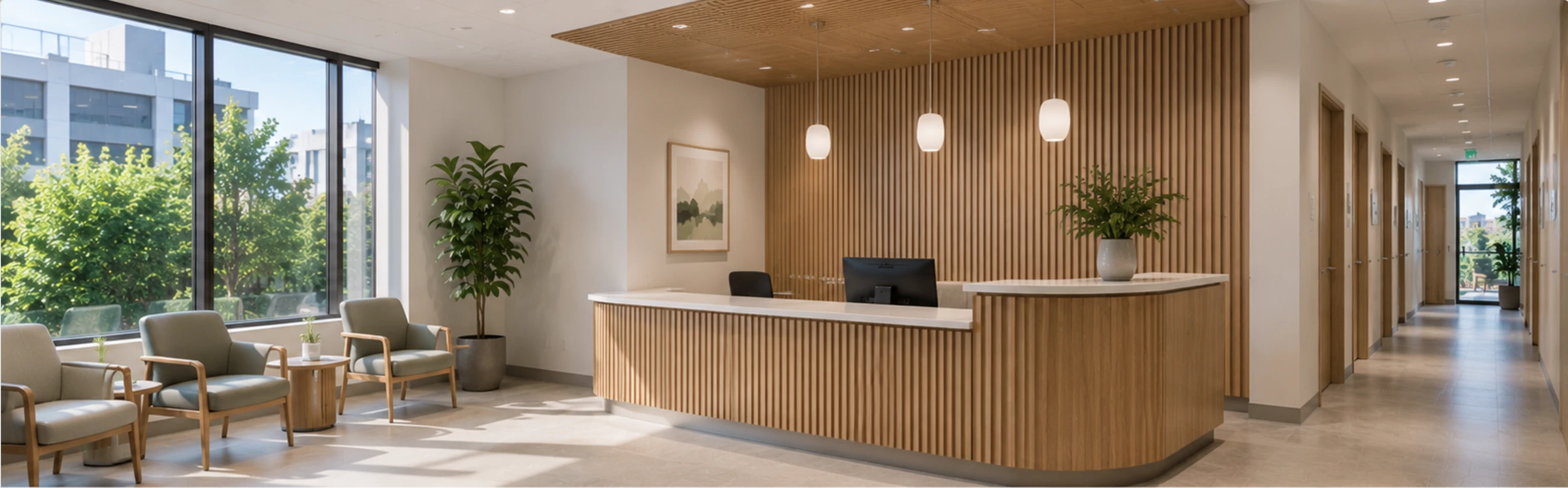 Conceptual rendering of a modern medical office reception and waiting area with wood-slat desk and corridor — representative of Eurohouse medical office build-outs in Vancouver