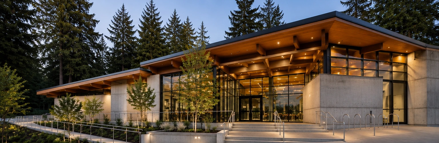 Conceptual rendering of a modern West Coast civic and public building exterior in concrete, timber, and glass