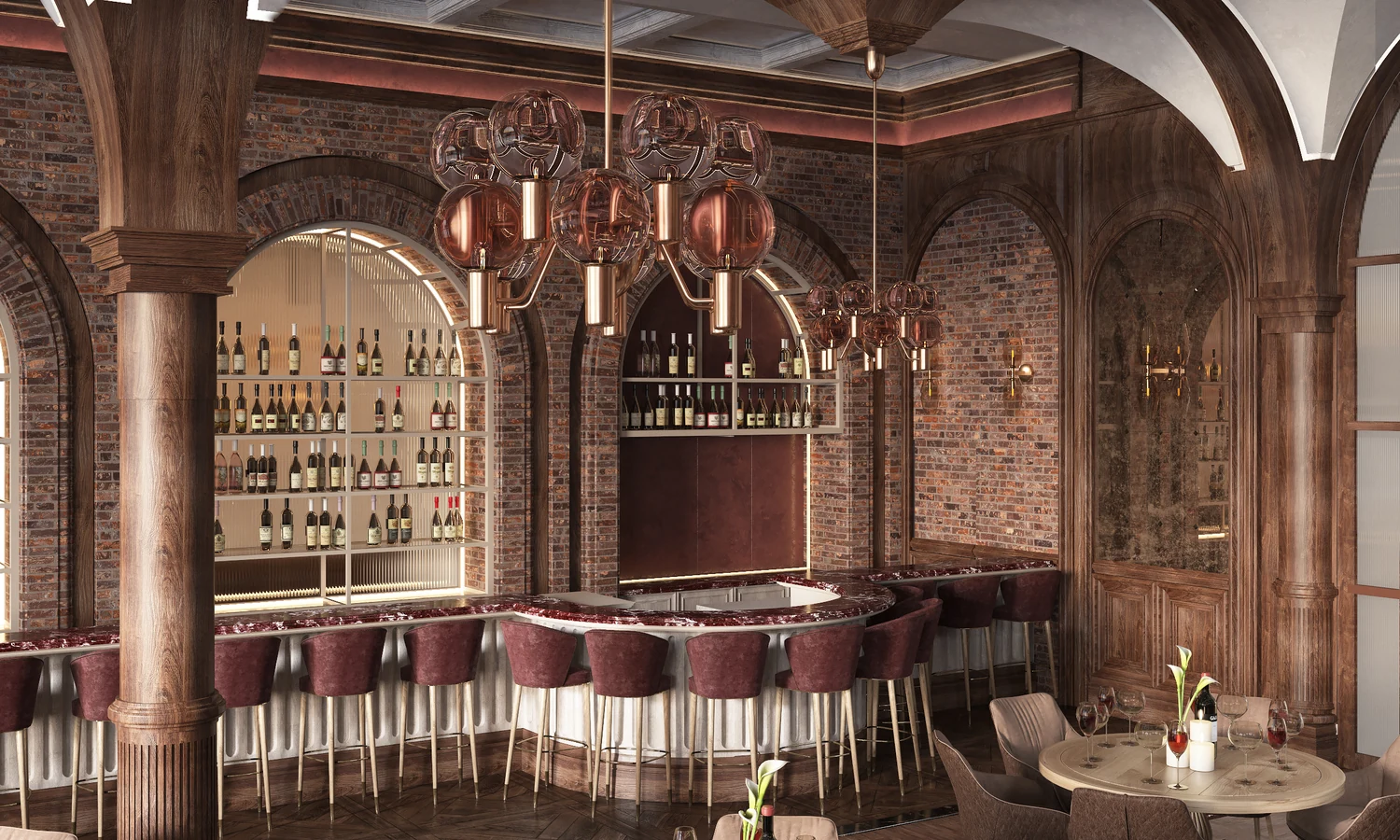 Curved feature bar with bottle display in a winery restaurant by Eurohouse