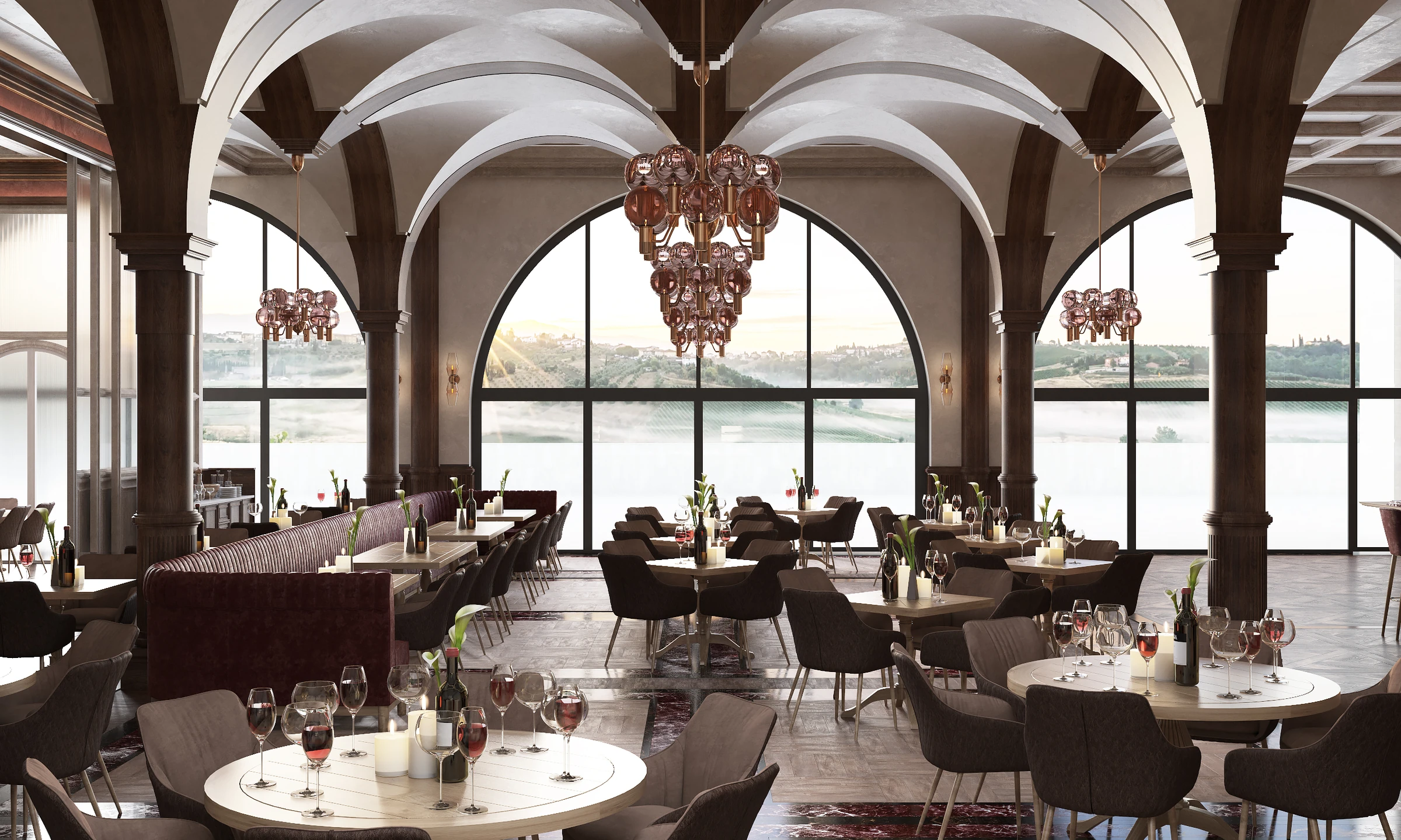 Design rendering of a vaulted winery restaurant with arched lakefront windows and chandeliers, designed by Eurohouse