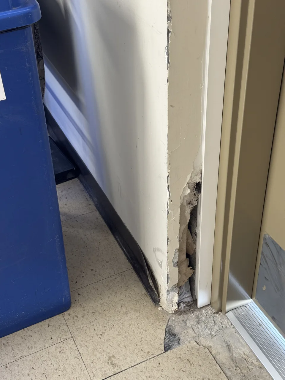 Water-damaged and deteriorated door frame at floor level in a strata building, a visible symptom of concealed water ingress