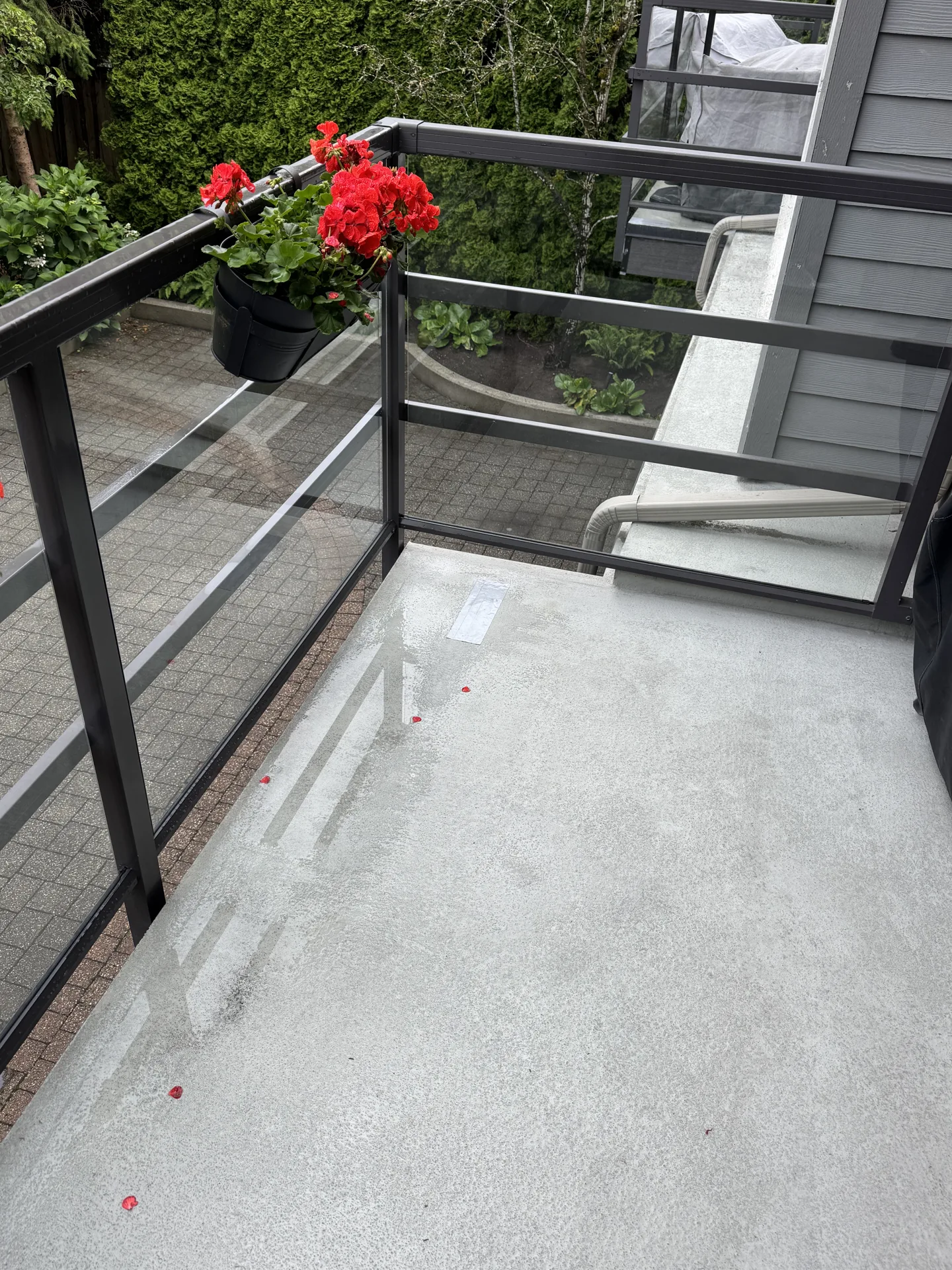 Strata balcony with glass guardrail and vinyl deck membrane in Greater Vancouver: Eurohouse strata balcony and envelope repairs