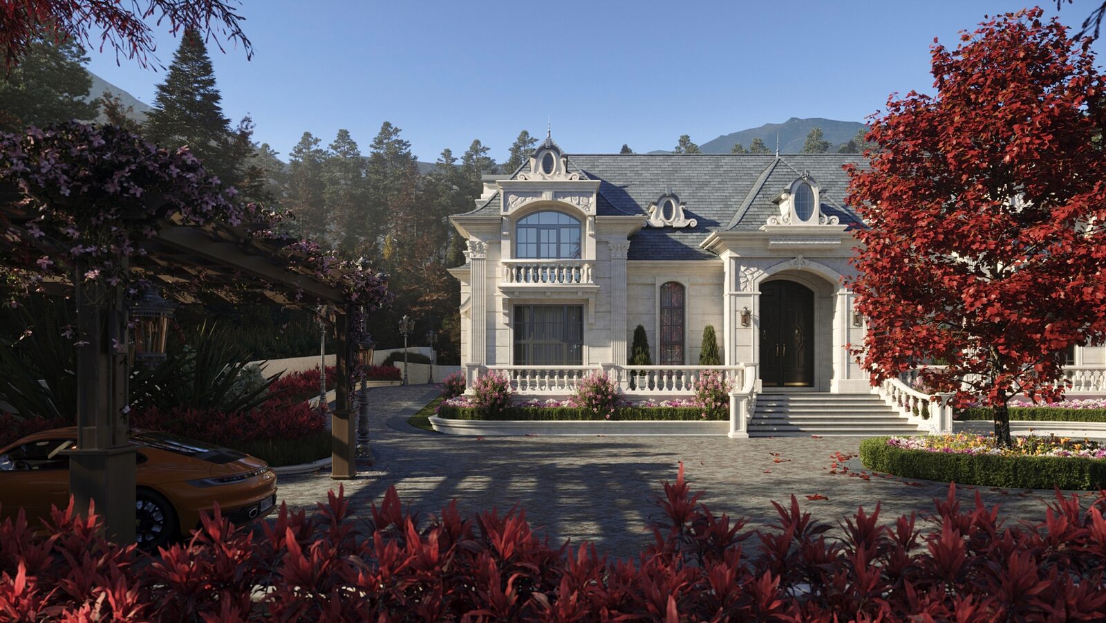 Front approach with wisteria carport