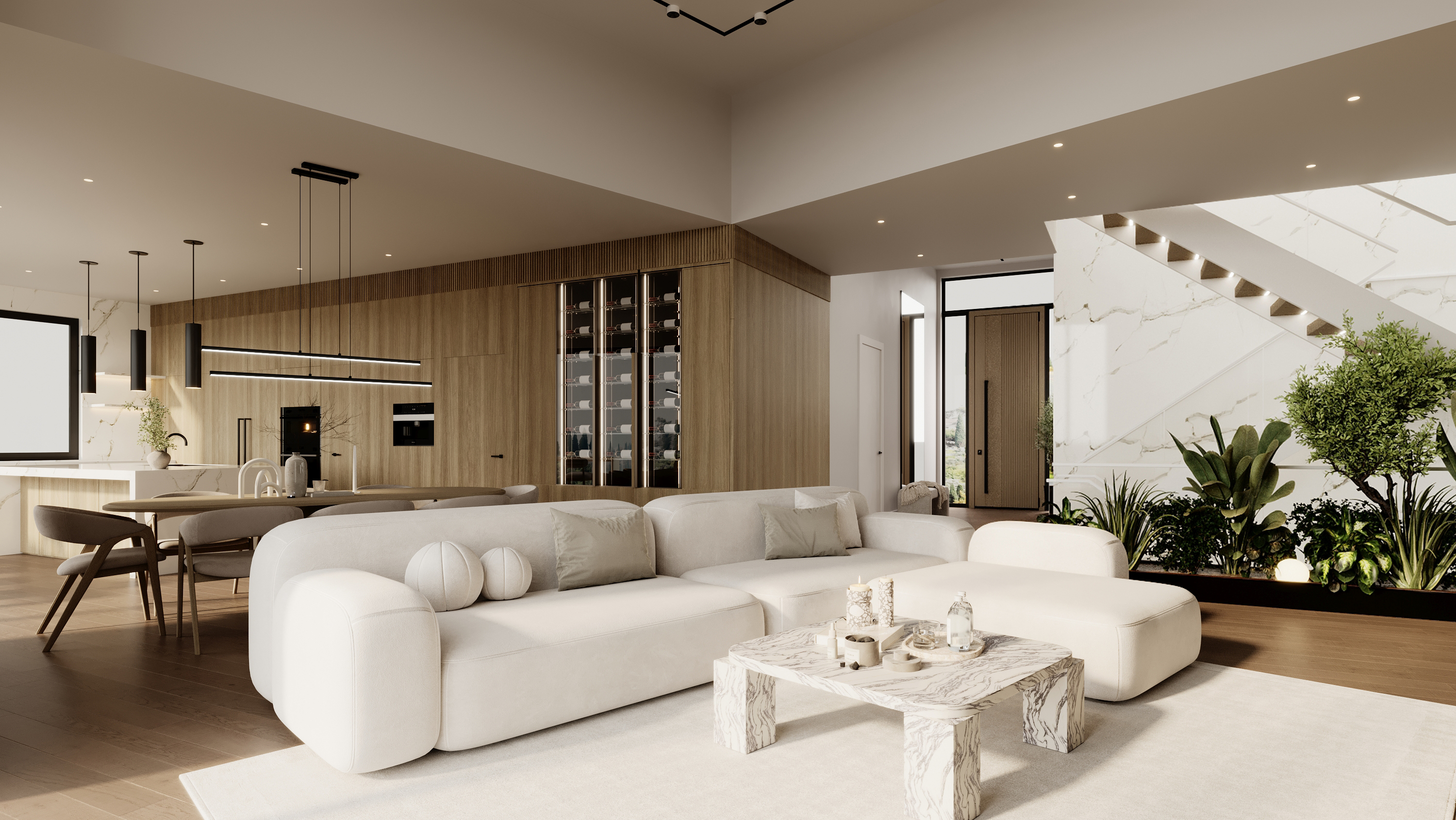 Panoramic living and dining area at Benbow Road West Vancouver by Eurohouse Studio