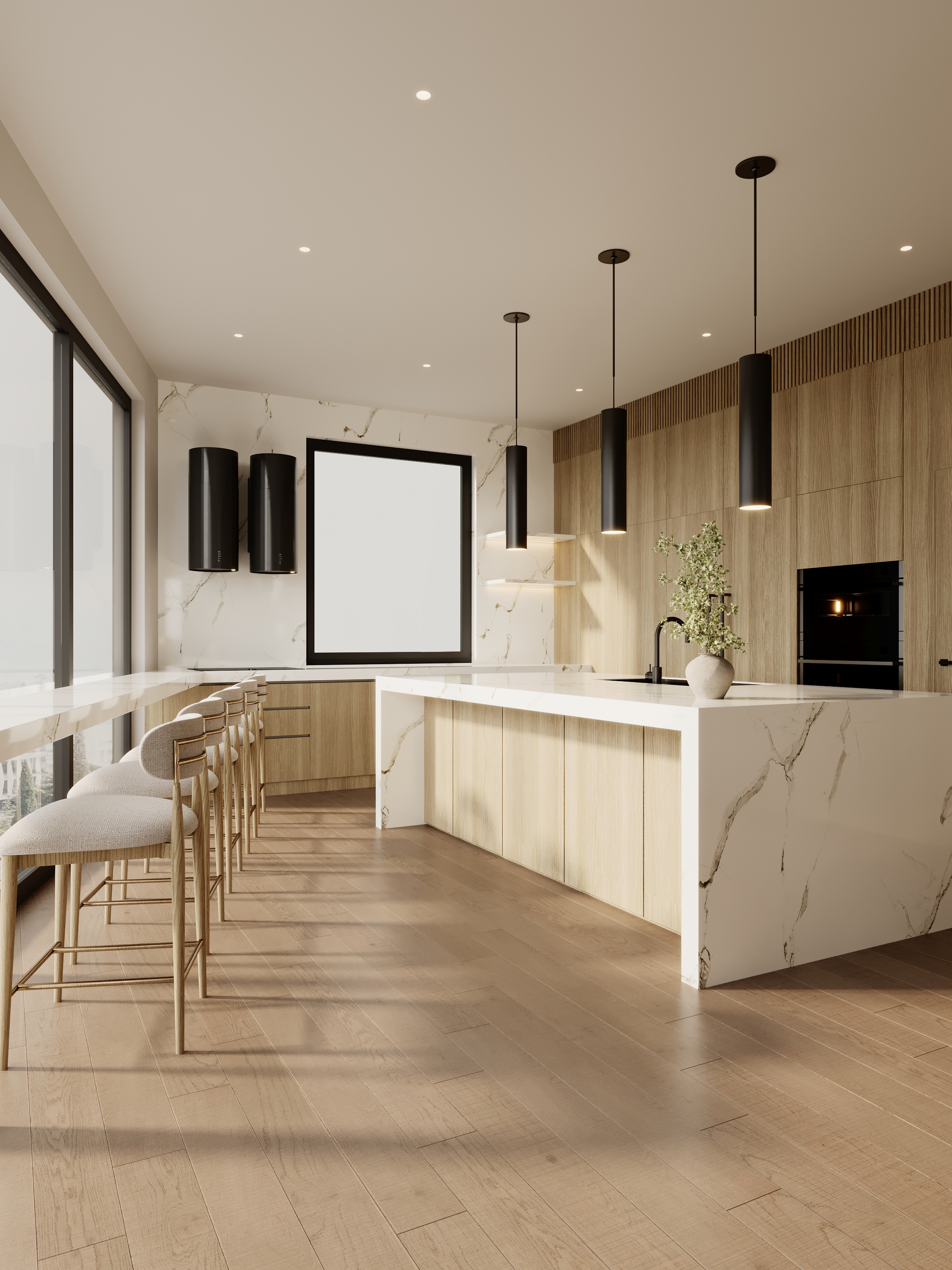 Feature wall with slatted oak panelling at Benbow Road West Vancouver by Eurohouse Studio