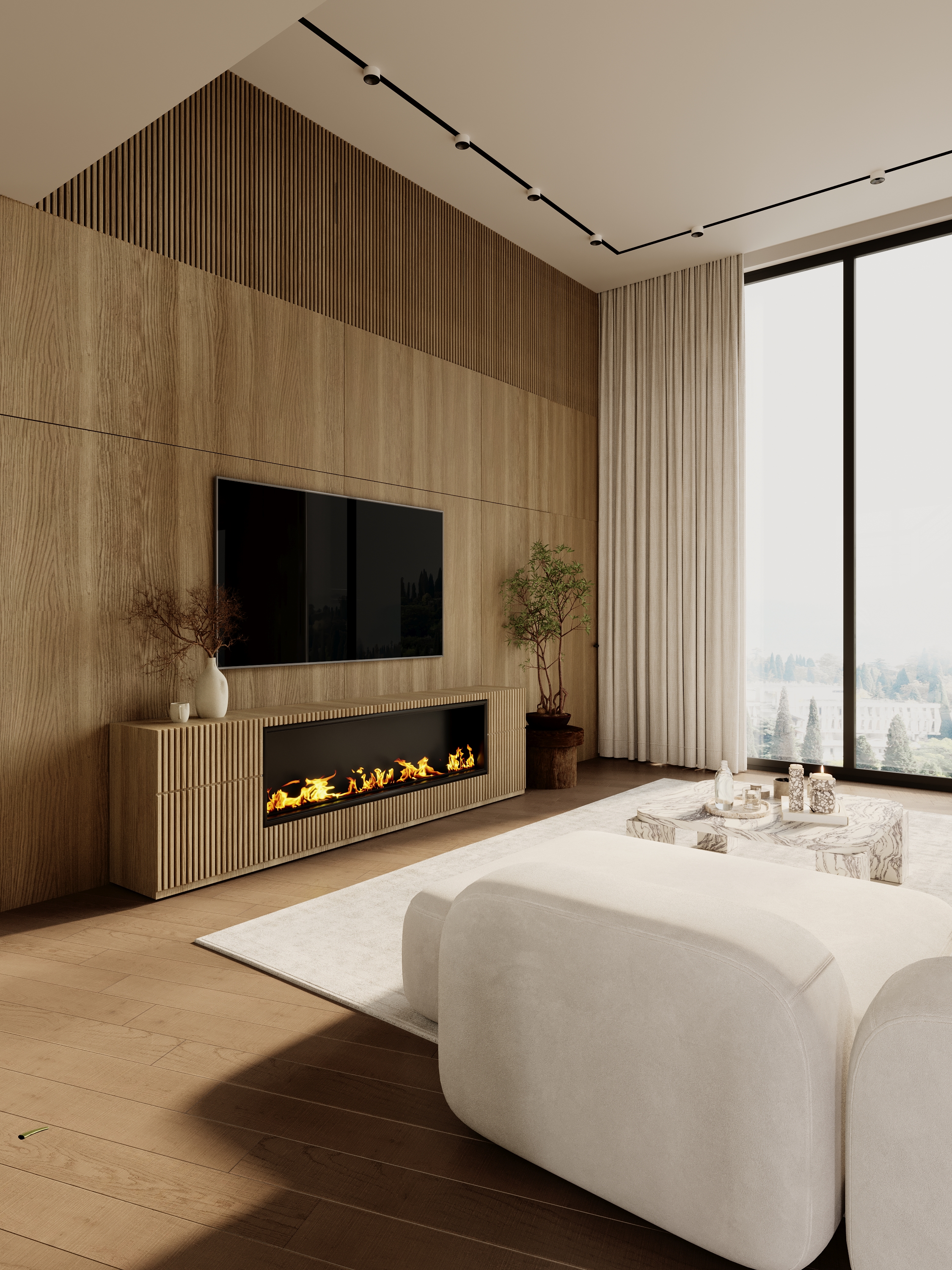Living room fireplace with feature wall at Benbow Road West Vancouver by Eurohouse Studio