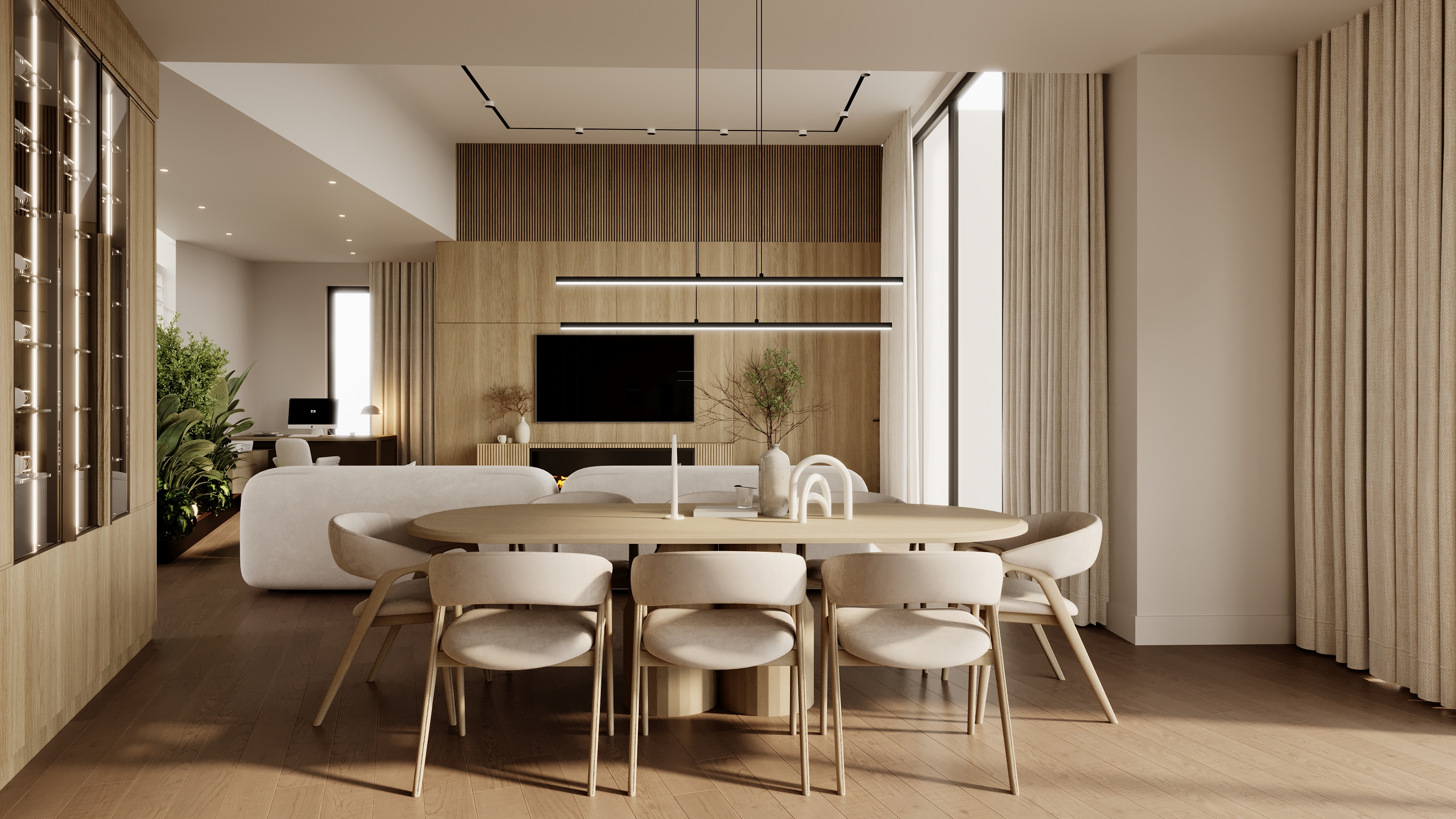 Living room and kitchen with oak island and pendant lighting at Benbow Road West Vancouver by Eurohouse Studio