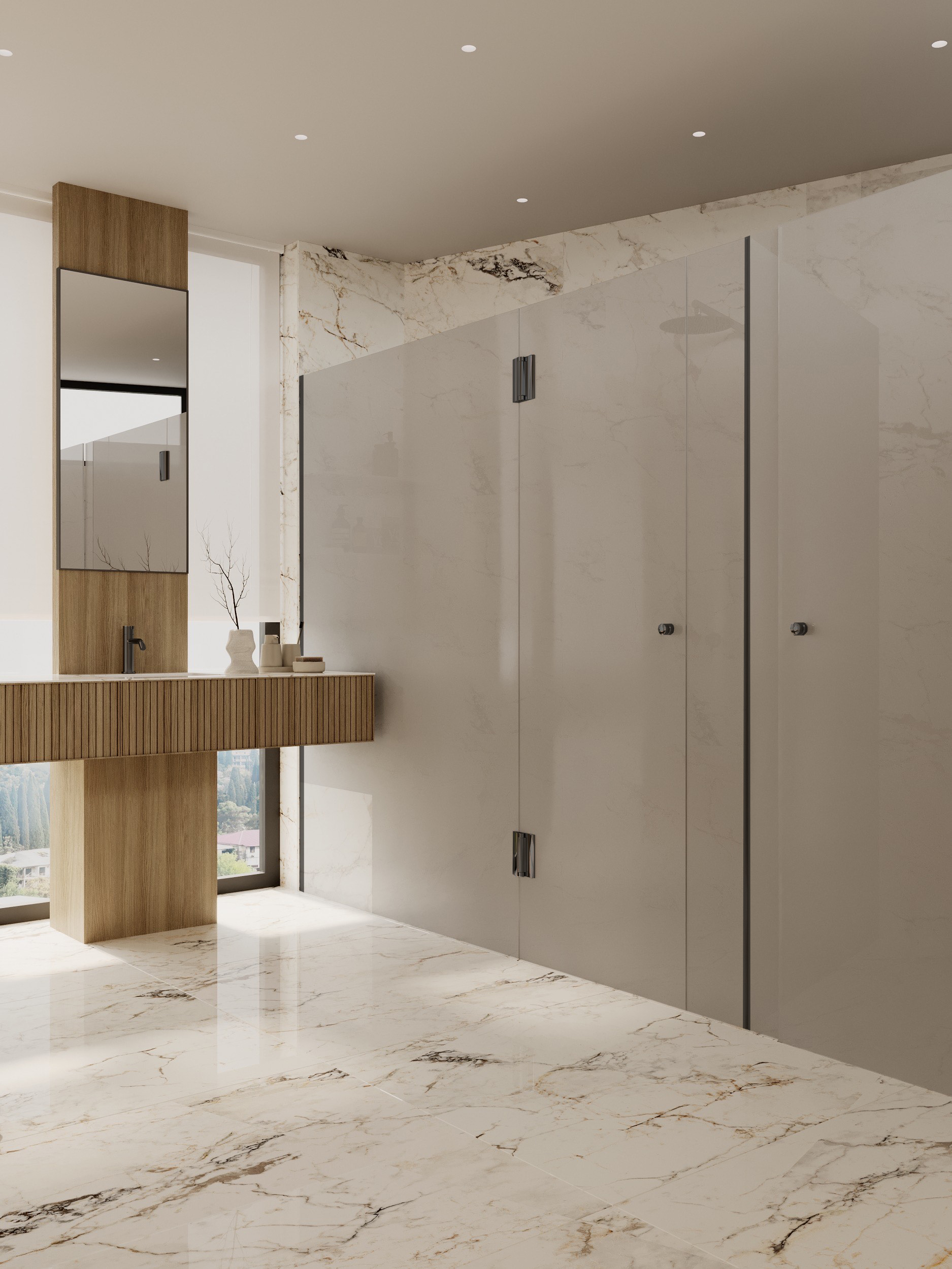 Freestanding tub with marble floor at Benbow Road West Vancouver by Eurohouse Studio