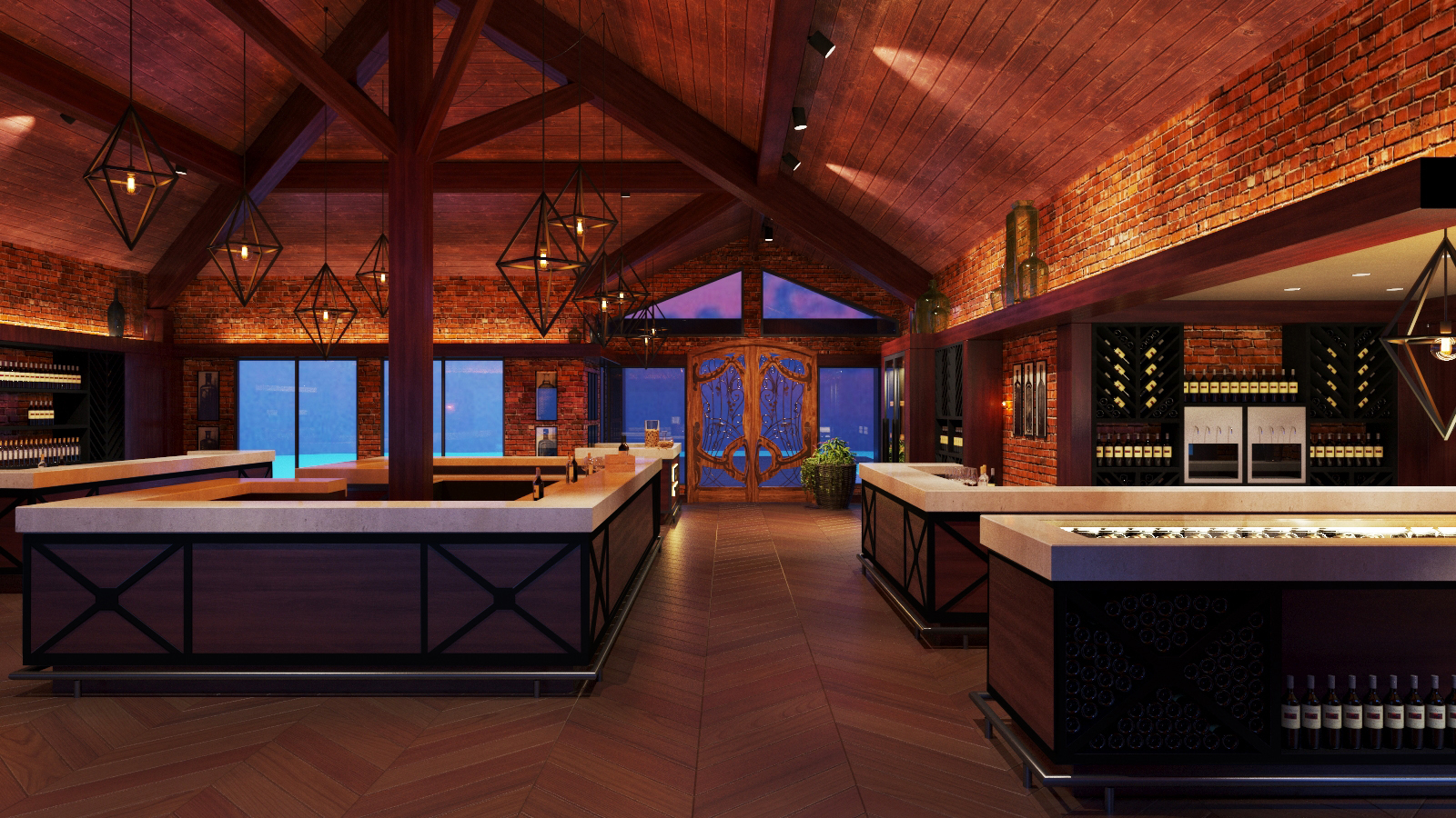 Frind Estate Winery tasting room render — ornamental entry door, tasting counters, and exposed timber ceiling — by Eurohouse Studio