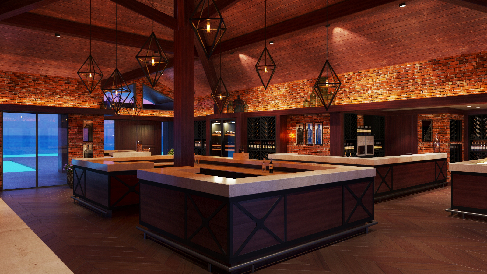 Frind Estate Winery tasting room render — wine display storage, custom bar counters, and herringbone flooring — by Eurohouse Studio