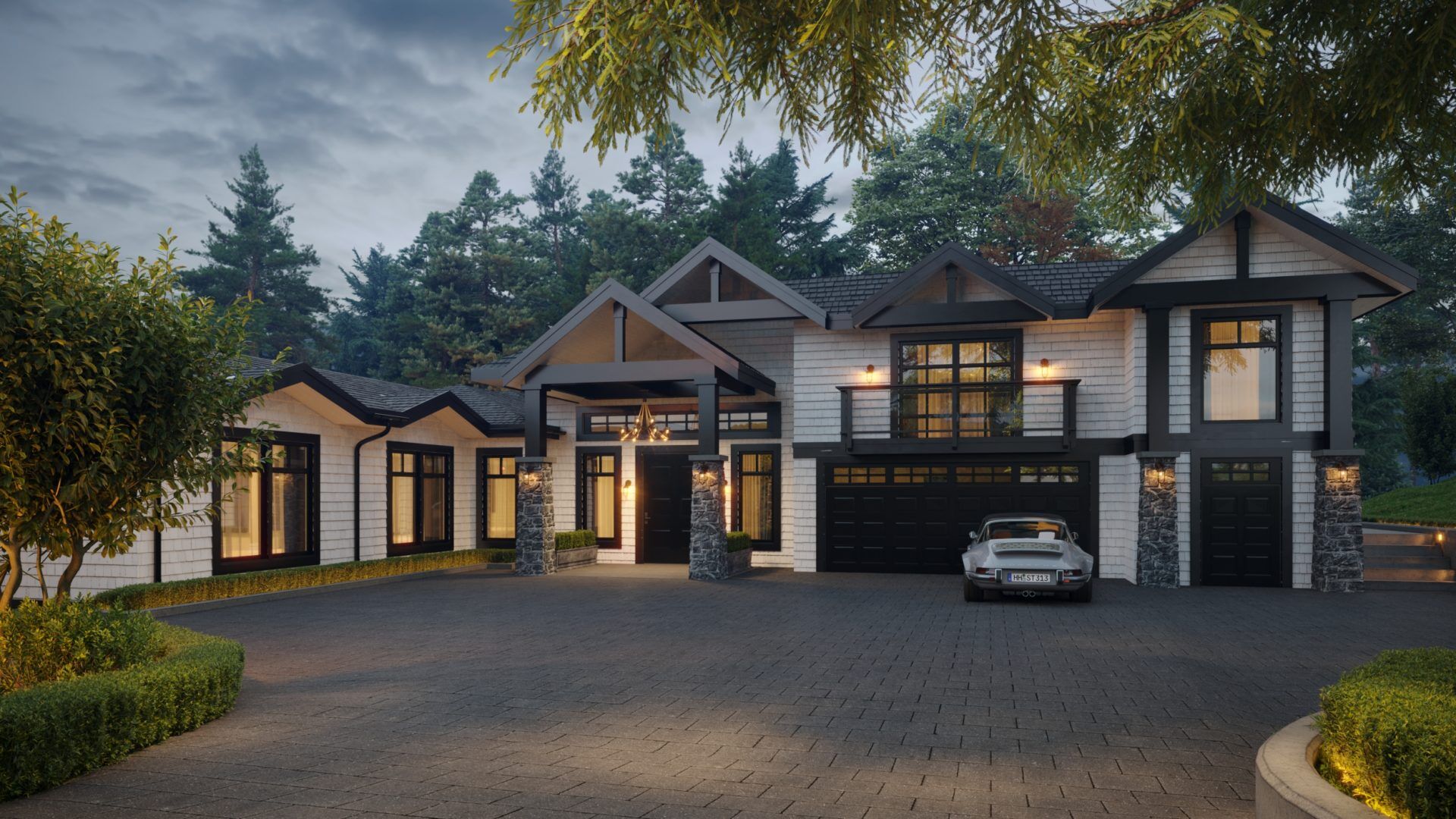 Front elevation 3D render at dusk of craftsman estate with warm interior lighting stone pillars and cobblestone driveway West Vancouver designed by Eurohouse Construction