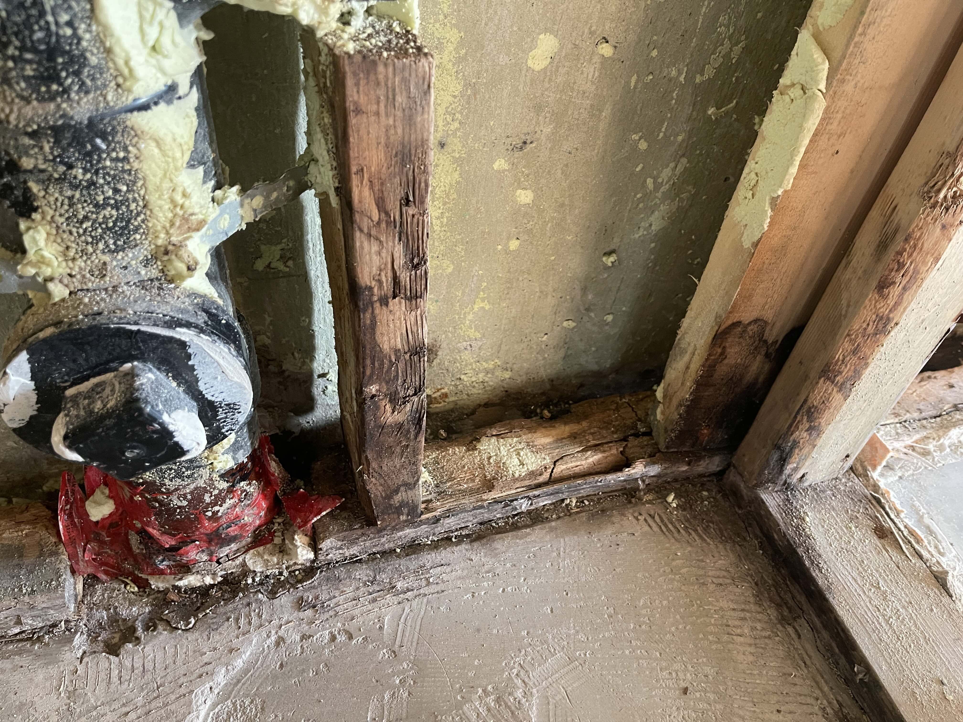 Water-damaged rotted backframe requiring structural replacement