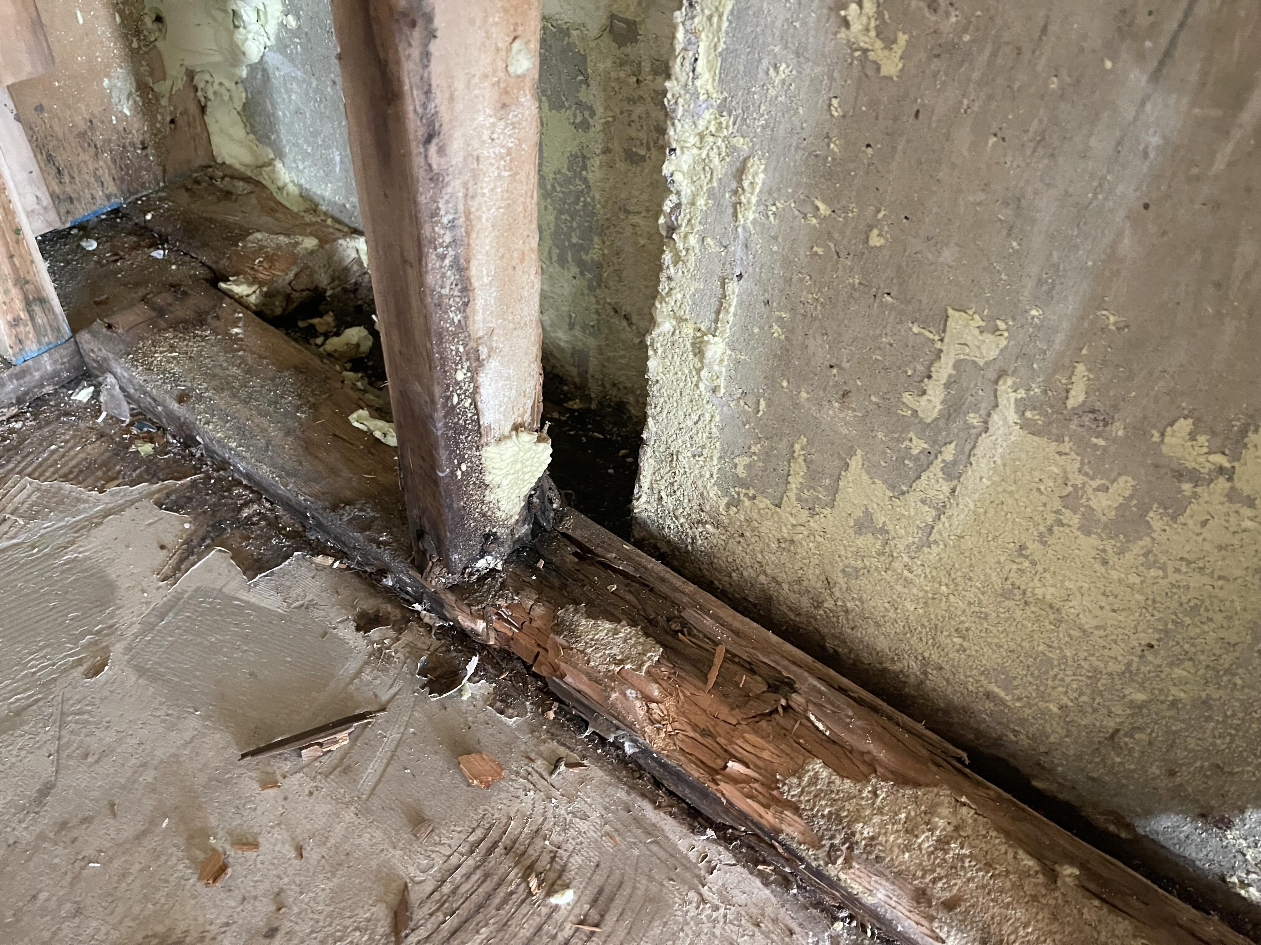 Water-damaged rotted base plate and structural framing requiring full replacement