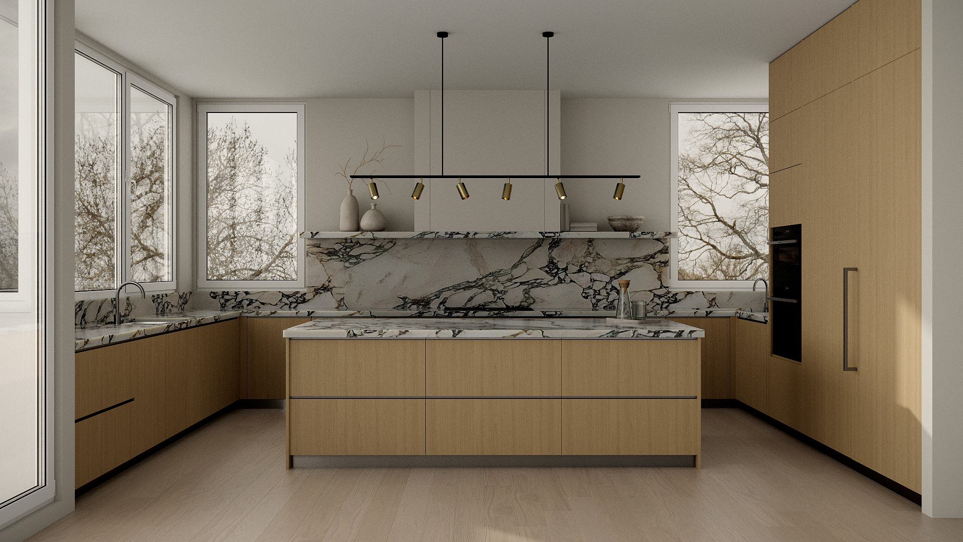 Kitchen with oak cabinetry and book-matched marble island at Lawson West Vancouver by Eurohouse Studio