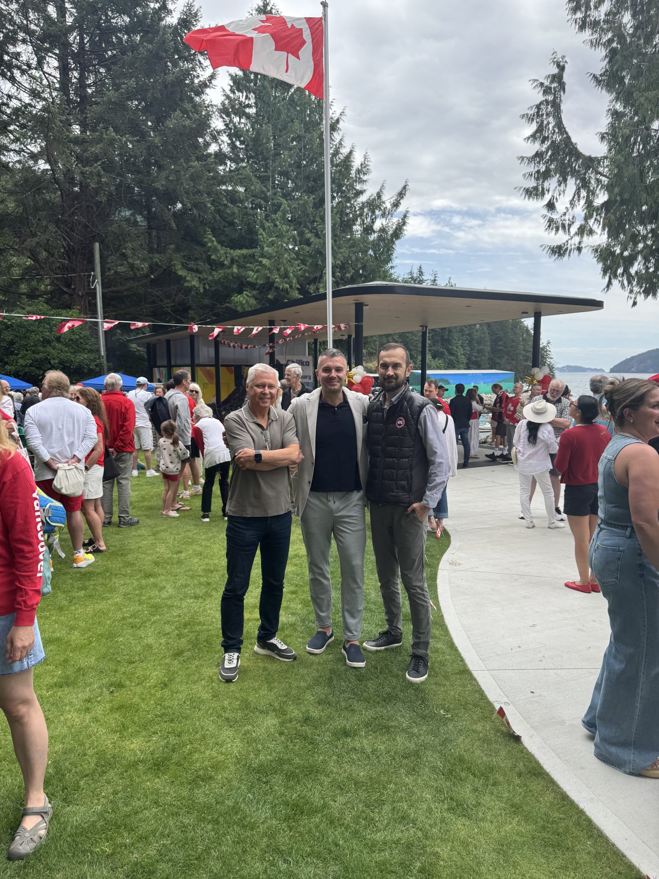 Community opening day at Lions Bay Beach Park on Canada Day, 1 July 2026, with the completed pavilion behind