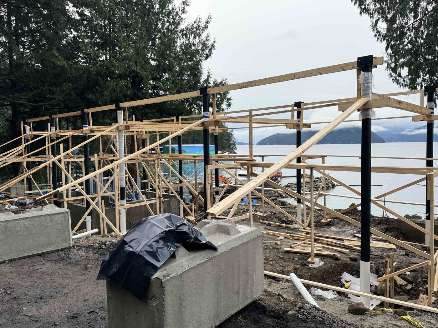 Pavilion frame with Howe Sound ocean view at Lions Bay Beach Park by Eurohouse Construction