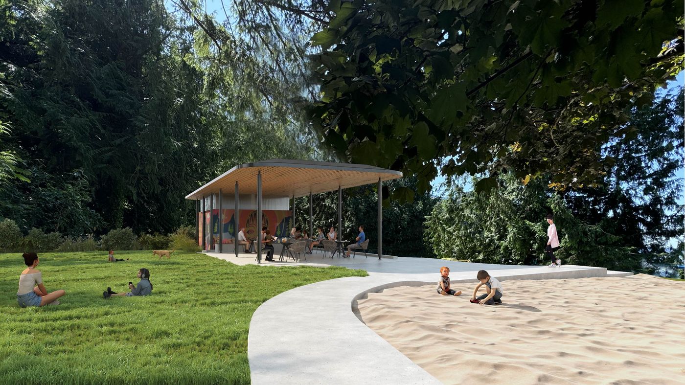 Lions Bay Beach Park render — pavilion with sandbox, seating area, and park landscaping by Nick Bray Architects