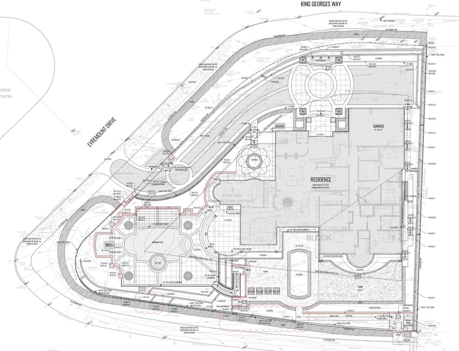 Landscape architecture site plan for Montbeau Eyremount showing pool, terracing, water feature, and planting zones