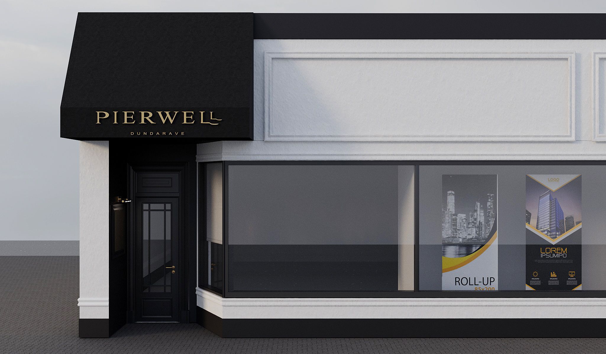 Pierwell Dundarave — entrance detail with branded awning and black-framed glass door