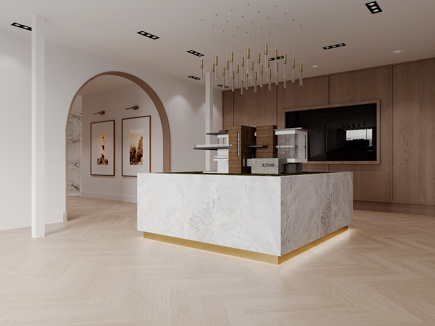 Pierwell model display — marble island with architectural scale model, pendant chandelier, oak panelling