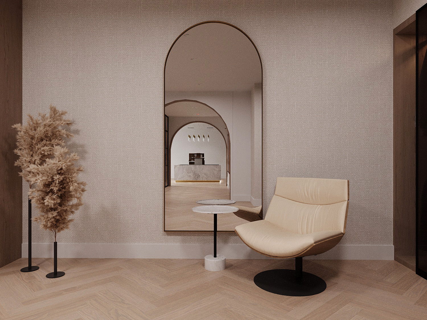 Pierwell interior — detailed view of herringbone floor and brass hardware