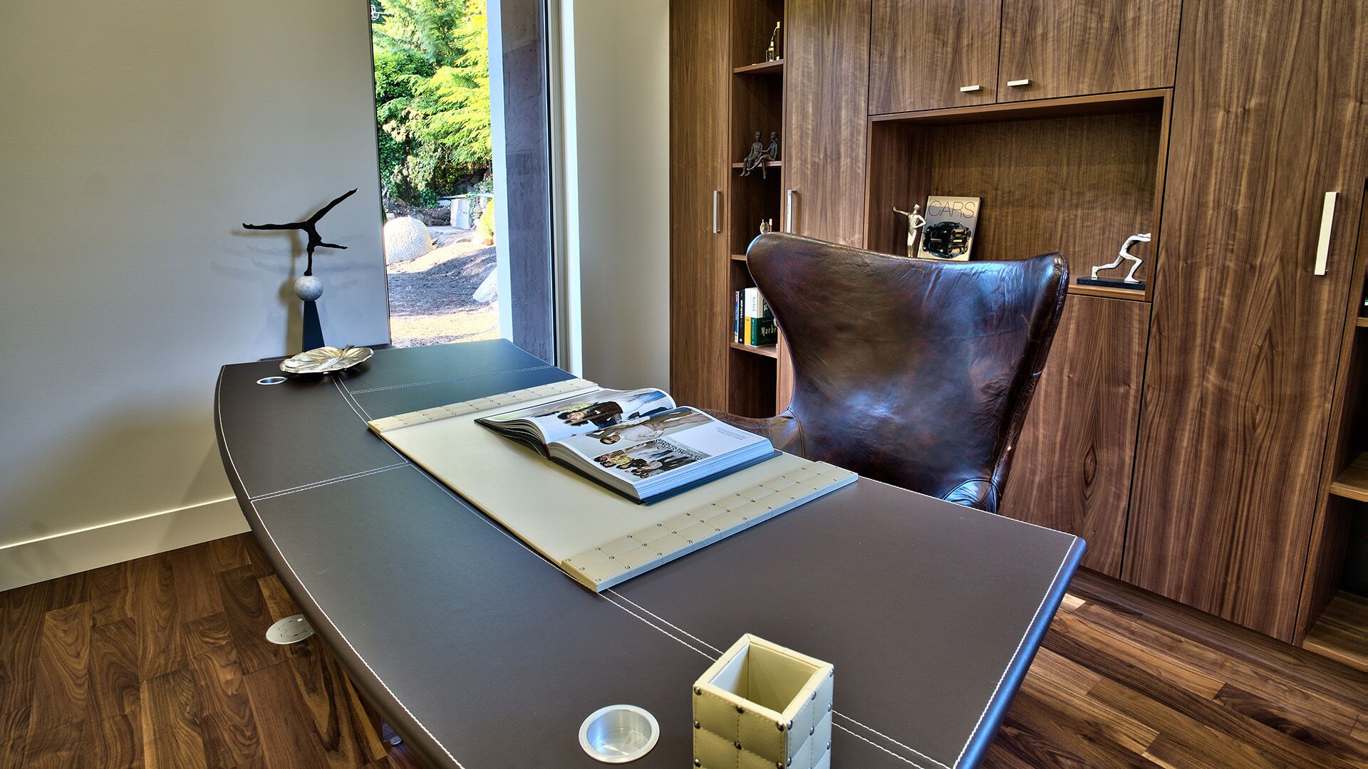 Executive walnut home office with leather desk at Rose Crescent Sandy Cove West Vancouver by Eurohouse Construction