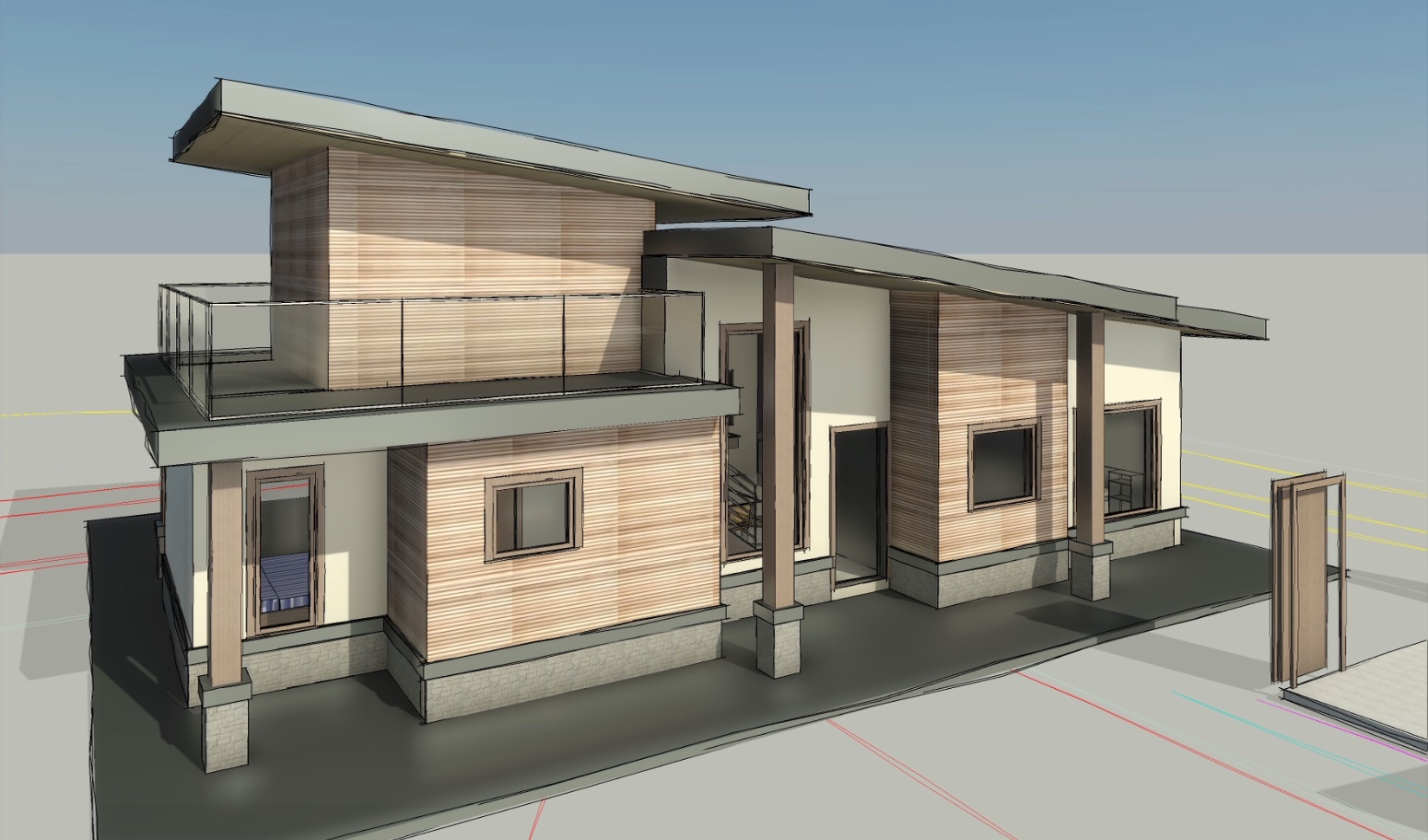 Rosebery Avenue guest house rebuild — street view showing two-storey cedar and stucco design with glass balcony