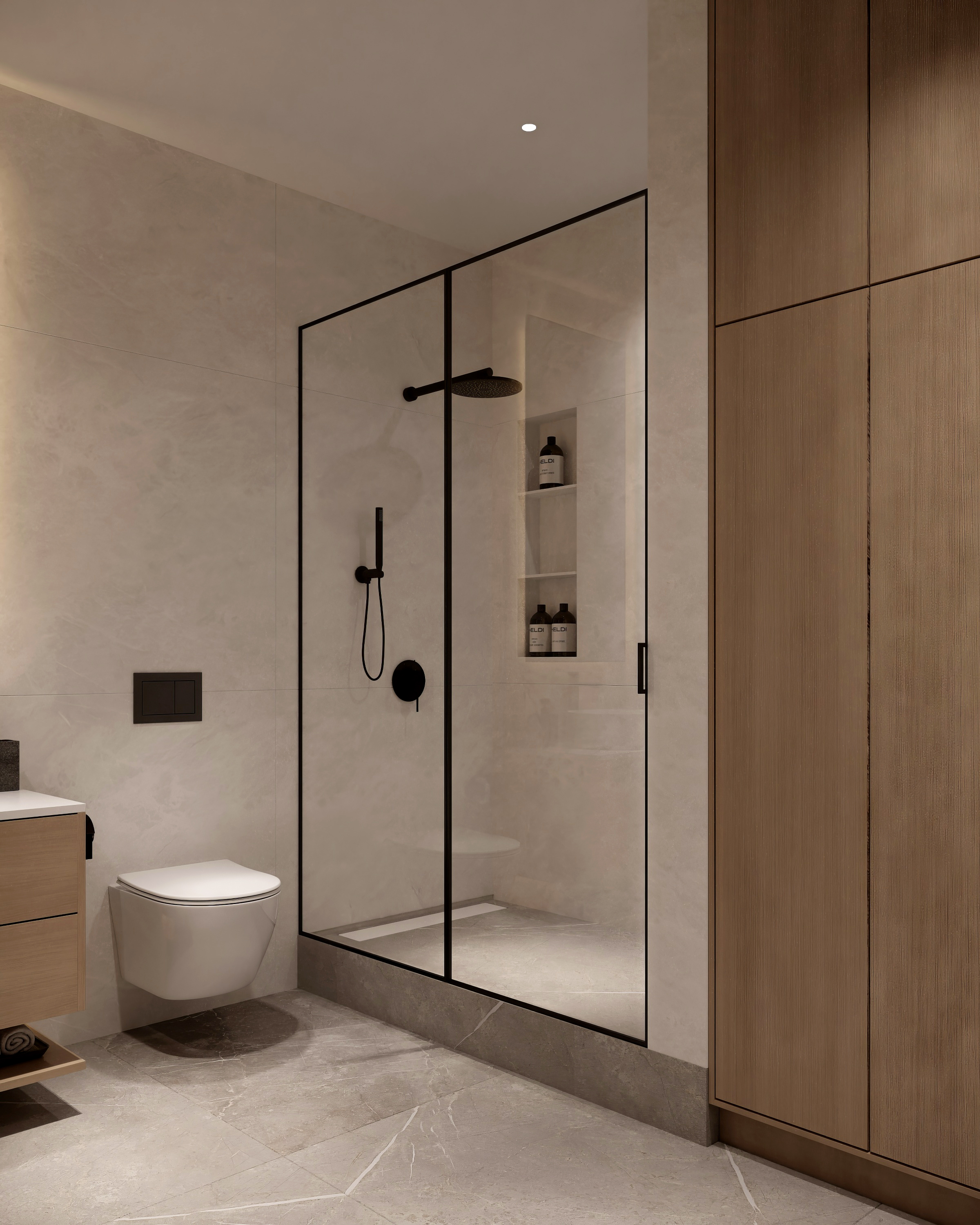 Lower level bathroom detail at Scandinavian barn house West Vancouver by Eurohouse Construction