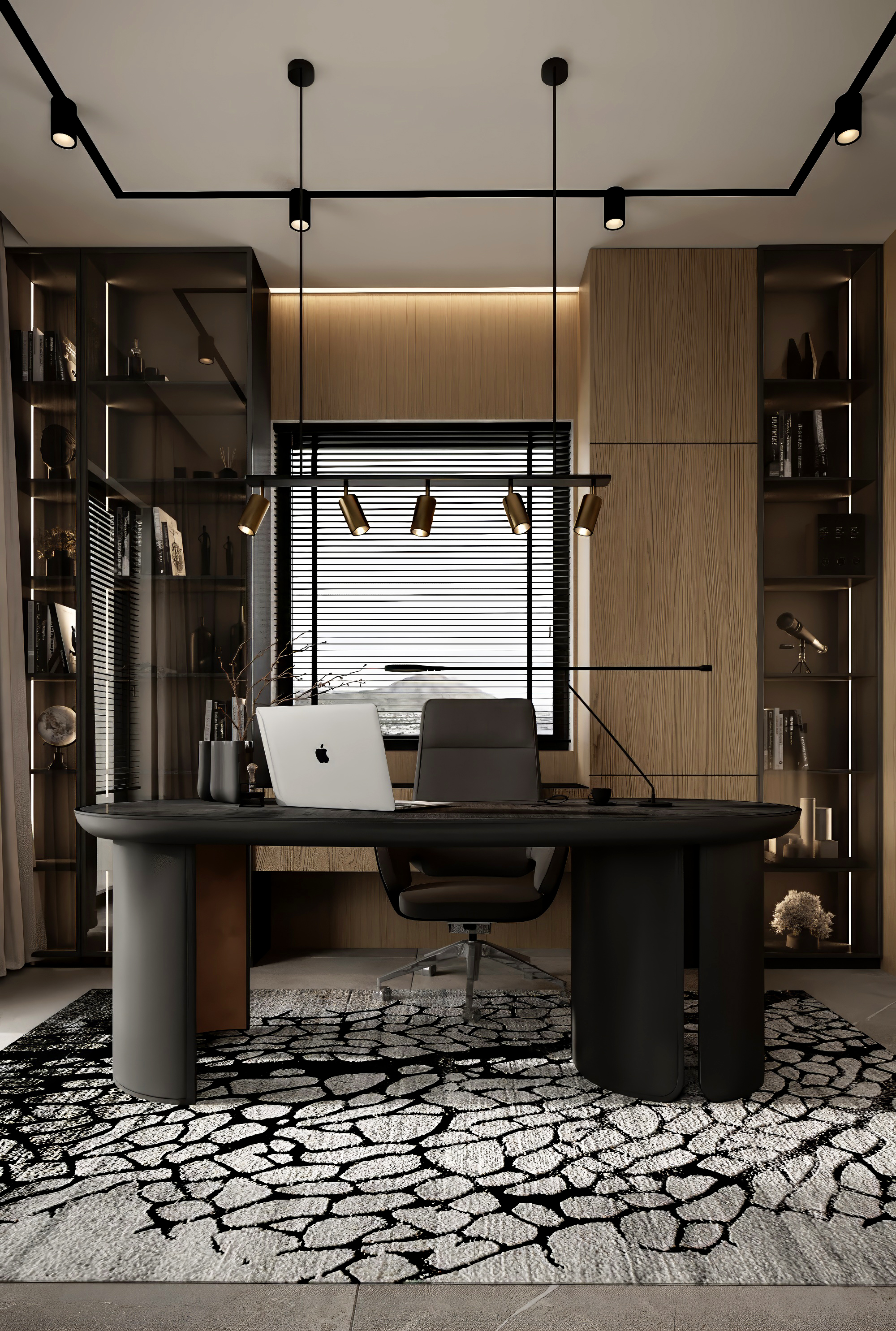 Office detail with integrated shelving at Scandinavian barn house West Vancouver by Eurohouse Construction