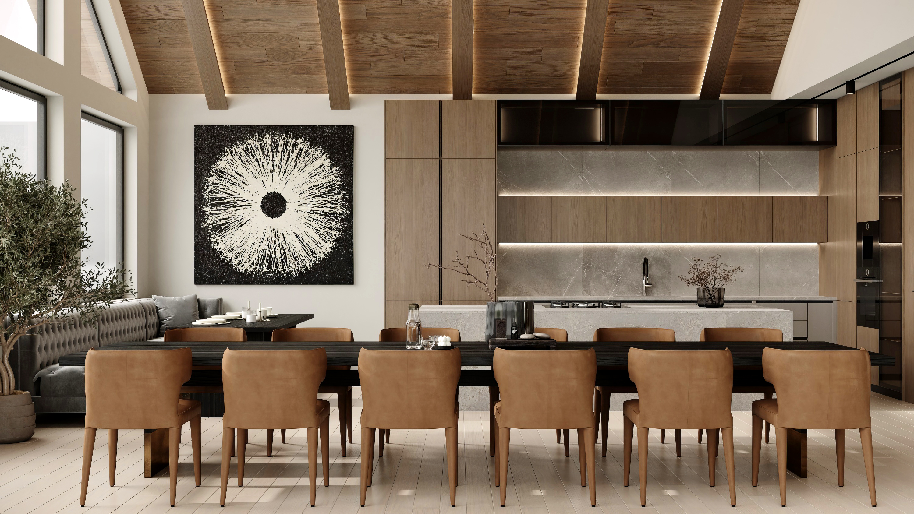Kitchen and dining room with timber beam ceiling and Italian cabinetry at Scandinavian barn house West Vancouver by Eurohouse Construction