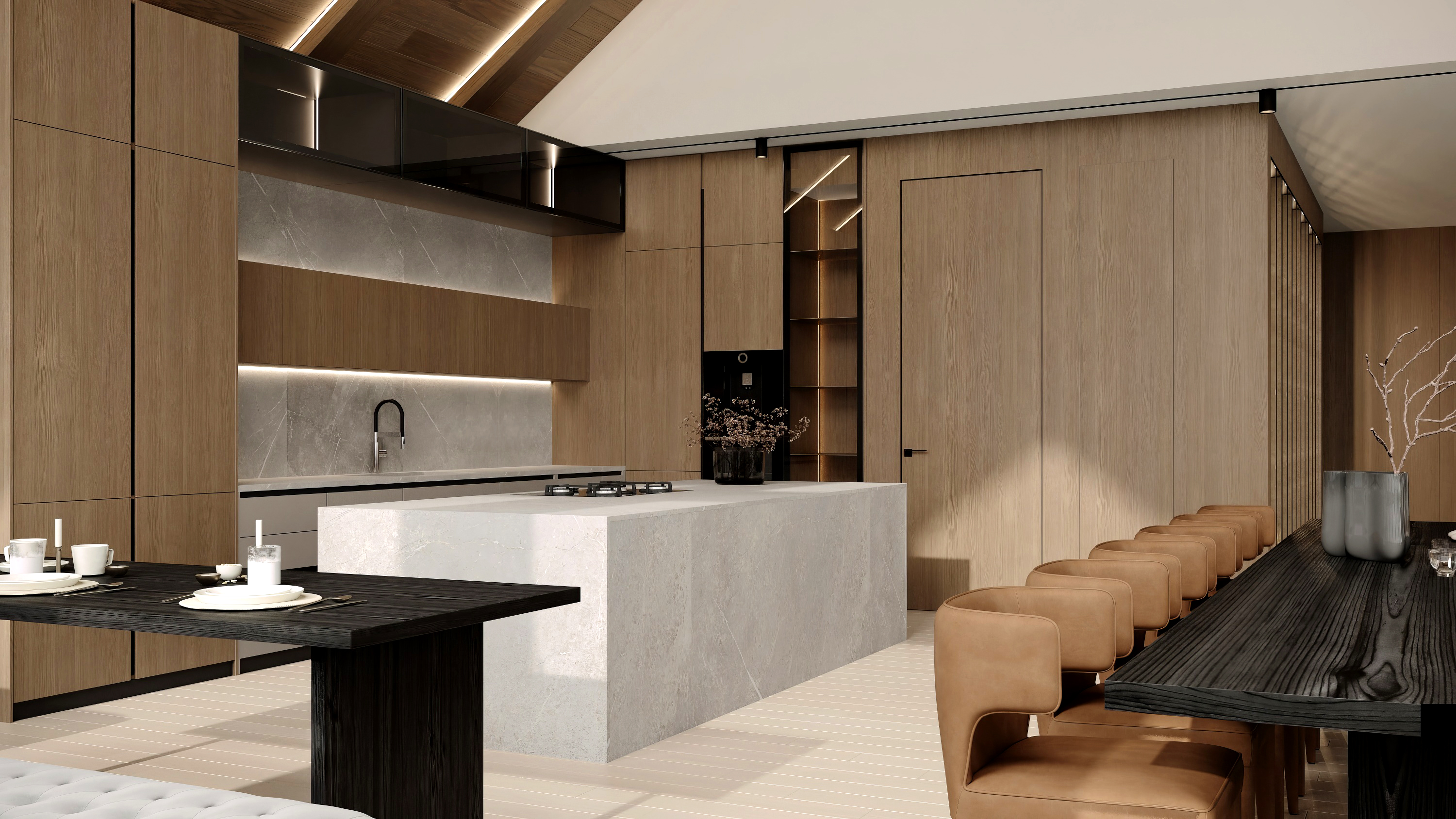 Italian kitchen cabinetry with integrated appliances at Scandinavian barn house West Vancouver by Eurohouse Construction