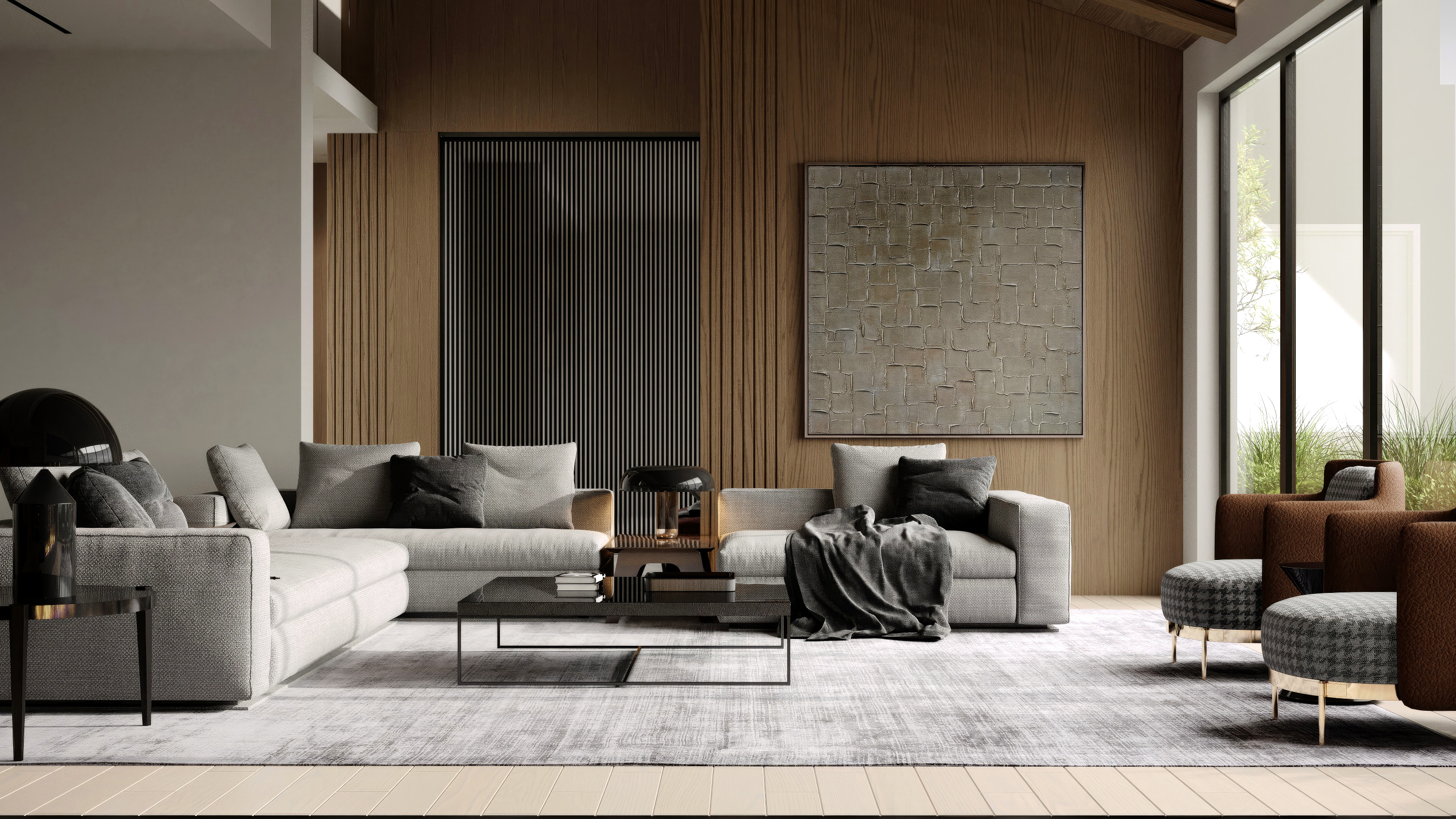 Panoramic living room with floor-to-ceiling glazing at Scandinavian barn house West Vancouver by Eurohouse Construction