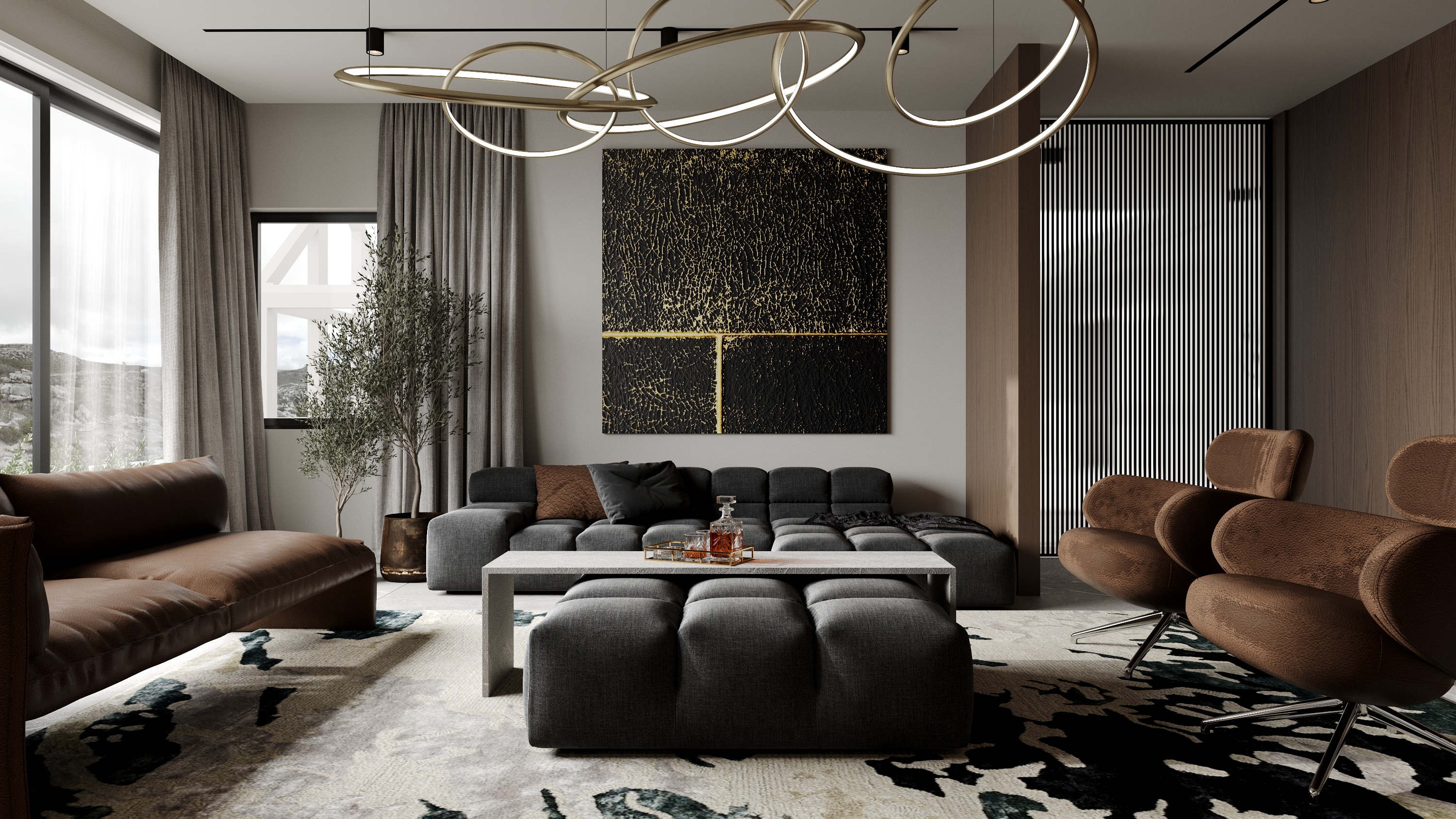 Living room with sculptural gold pendant light, modular sofa, and art at Scandinavian barn house West Vancouver by Eurohouse Construction