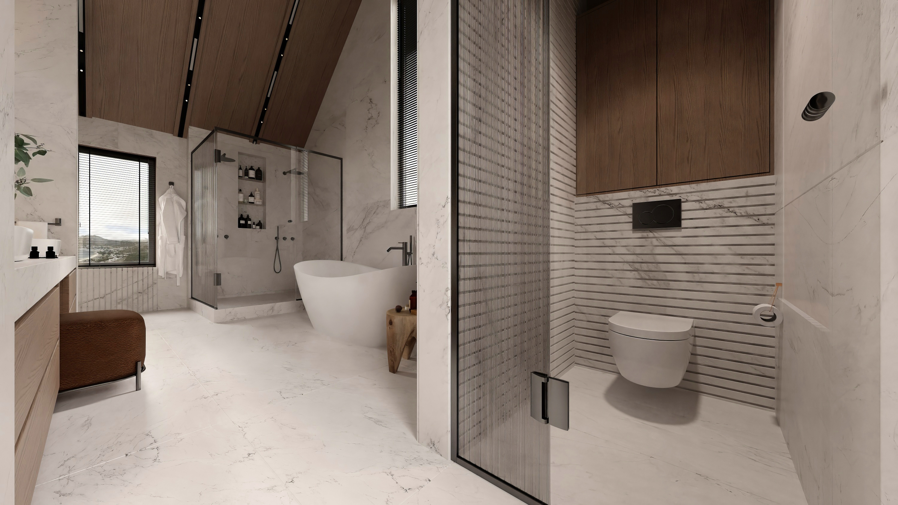 Master bathroom with marble slab walls and freestanding tub at Scandinavian barn house West Vancouver by Eurohouse Construction