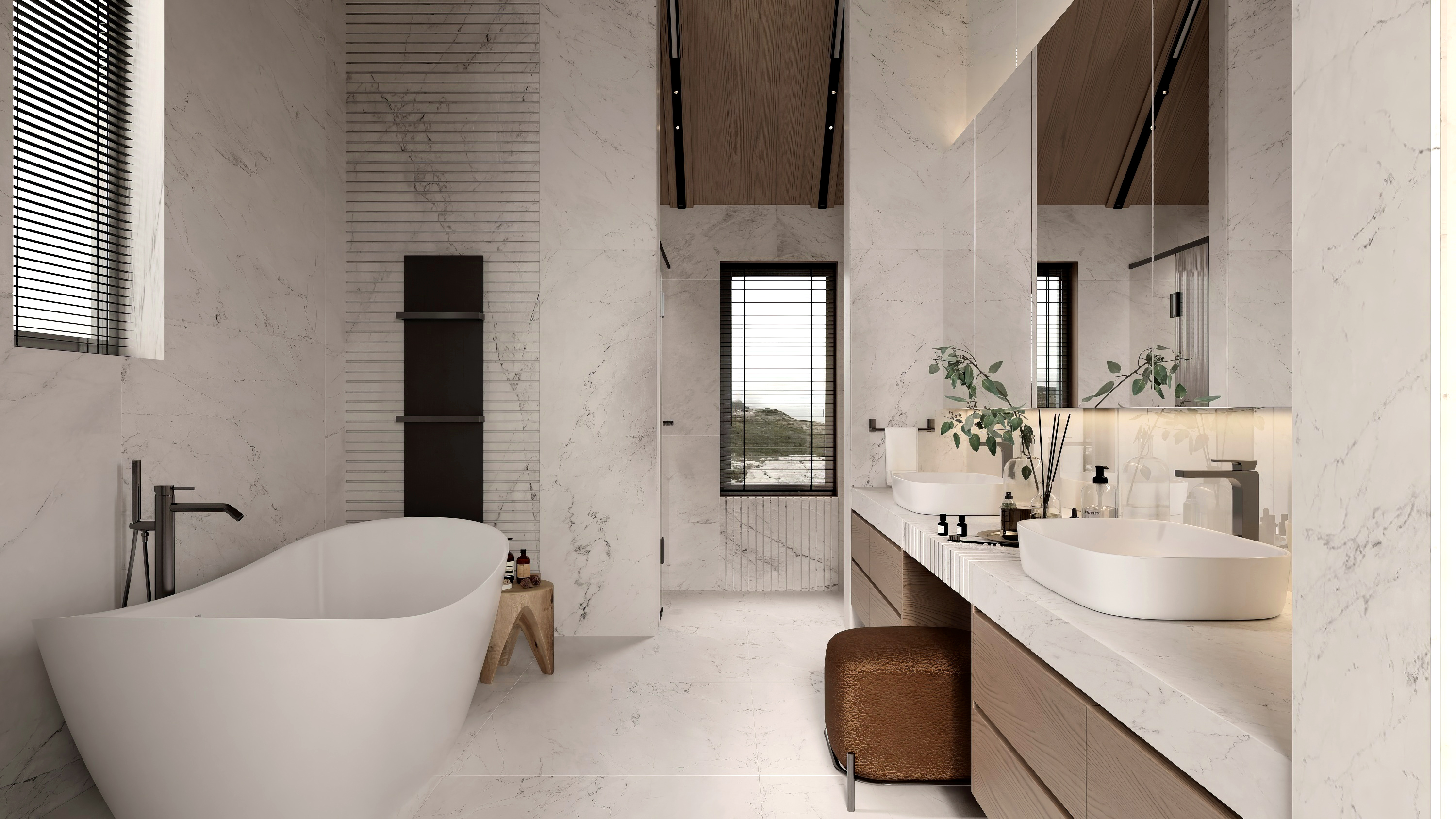 Master bathroom rain shower with floor-to-ceiling stone at Scandinavian barn house West Vancouver by Eurohouse Construction