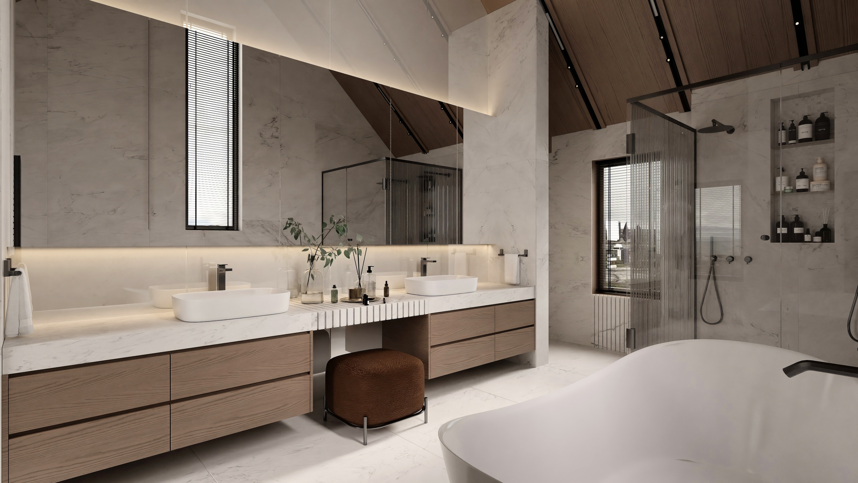 Master bathroom vanity with stone countertop at Scandinavian barn house West Vancouver by Eurohouse Construction