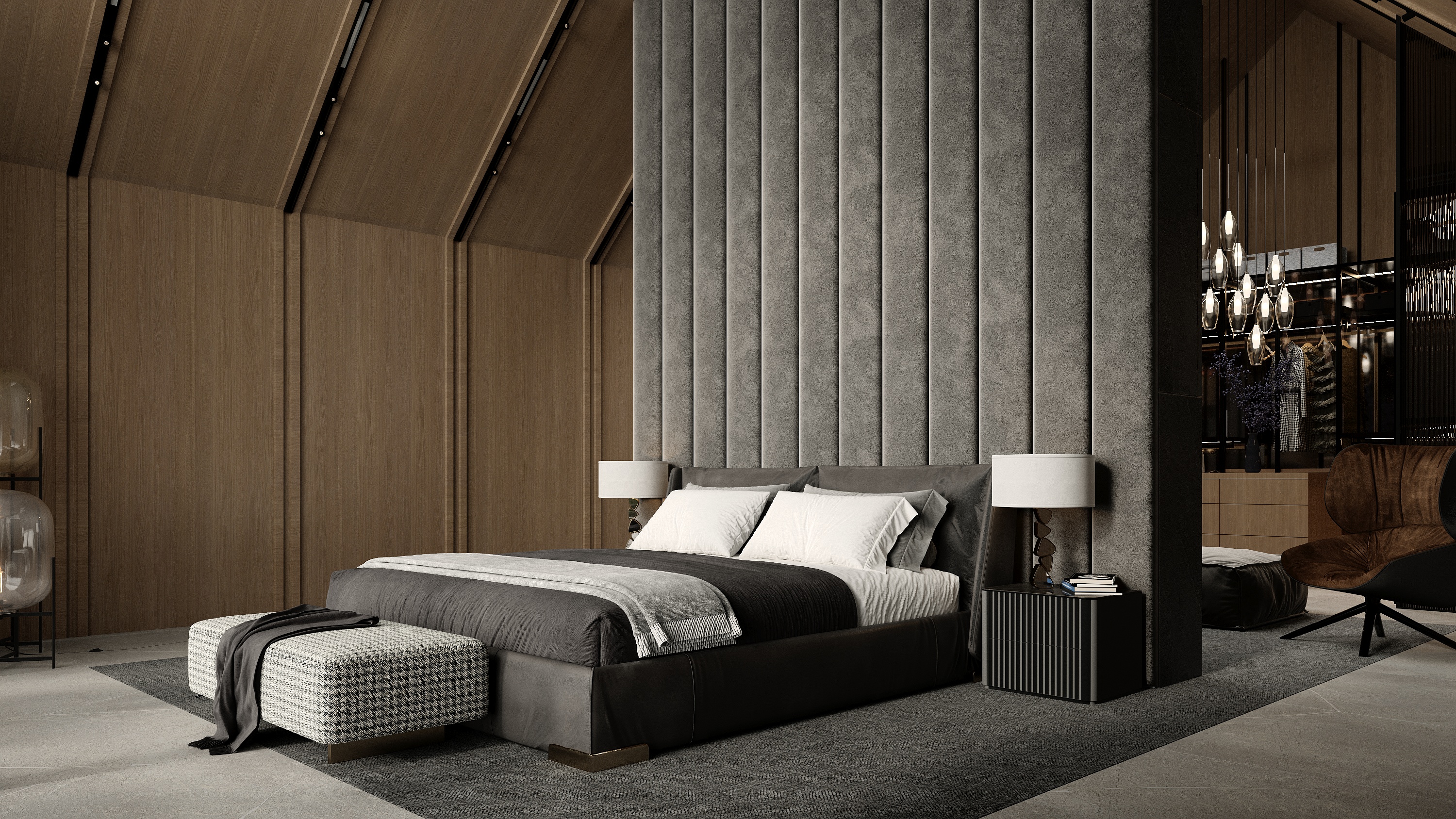 Master bedroom with vaulted timber ceiling and upholstered headboard at Scandinavian barn house West Vancouver by Eurohouse Construction