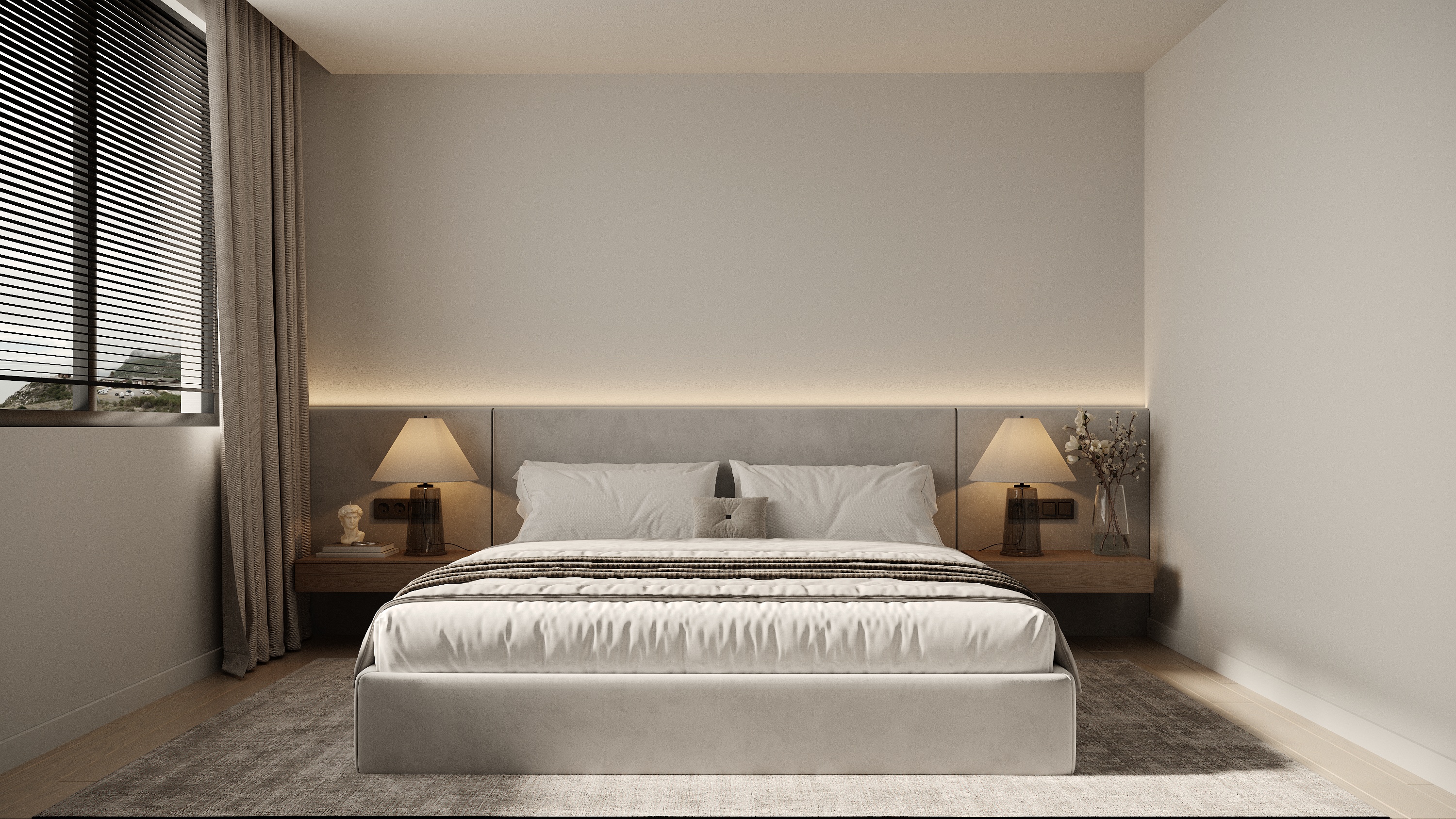 Upper level bedroom with oak panelling at Scandinavian barn house West Vancouver by Eurohouse Construction