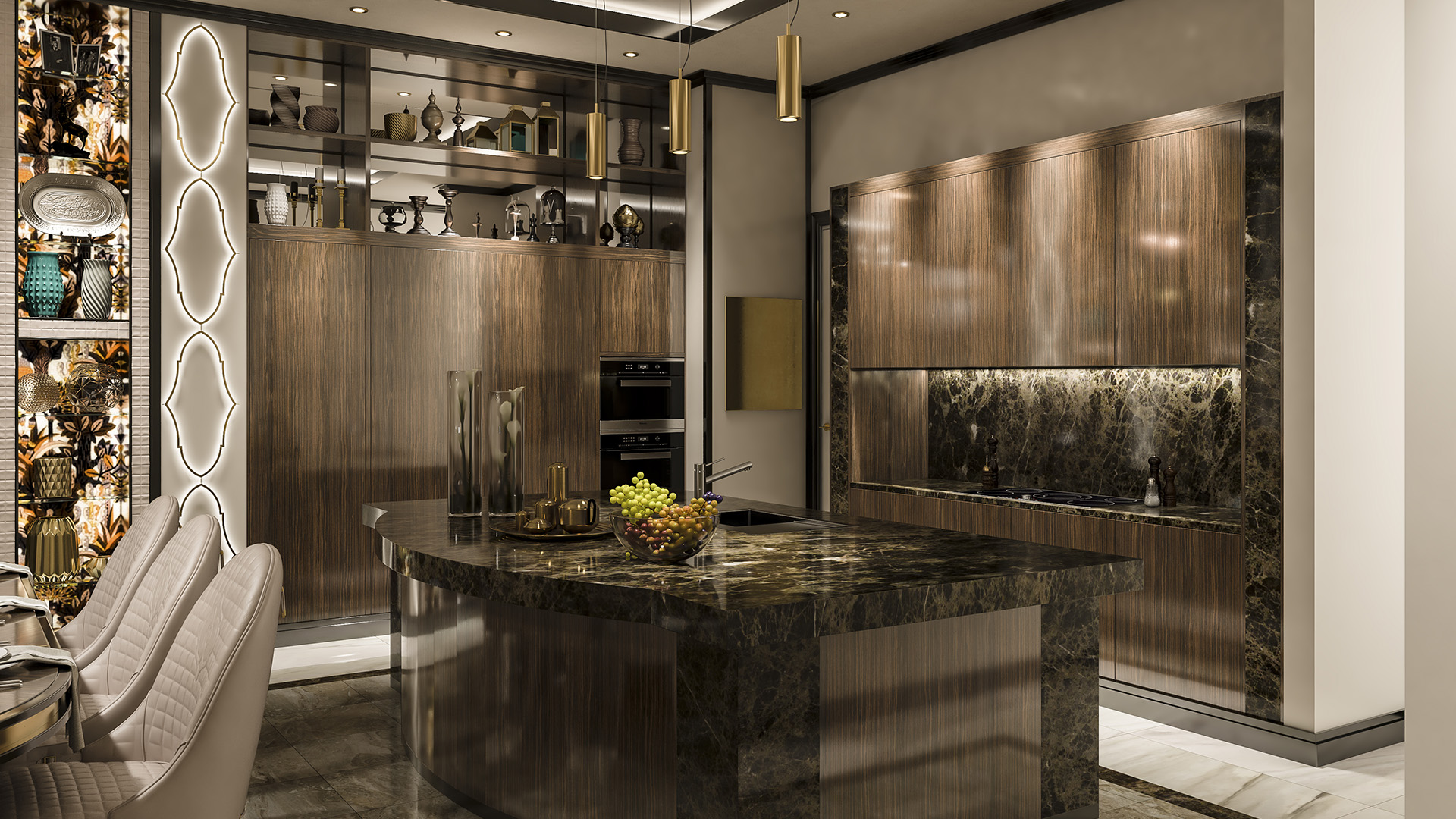 Gourmet kitchen with full-slab dark emperador marble island, walnut cabinetry, and gold pendant lighting in The H House West Vancouver built by Eurohouse