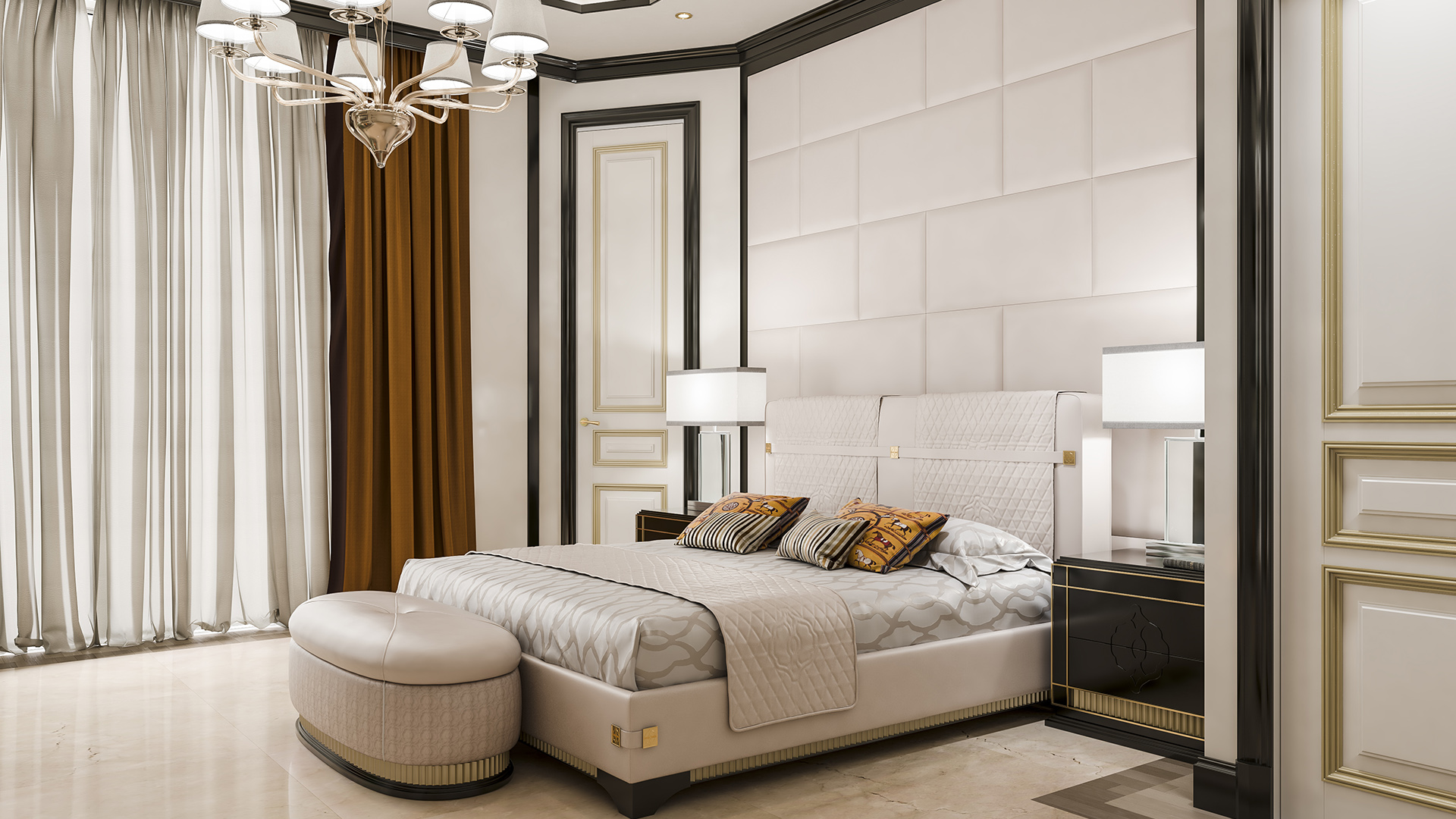 Luxury master bedroom with bespoke upholstered wall panels, designer quilted bedding, chandelier, and gold accent furniture in The H House ultra-luxury West Vancouver residence