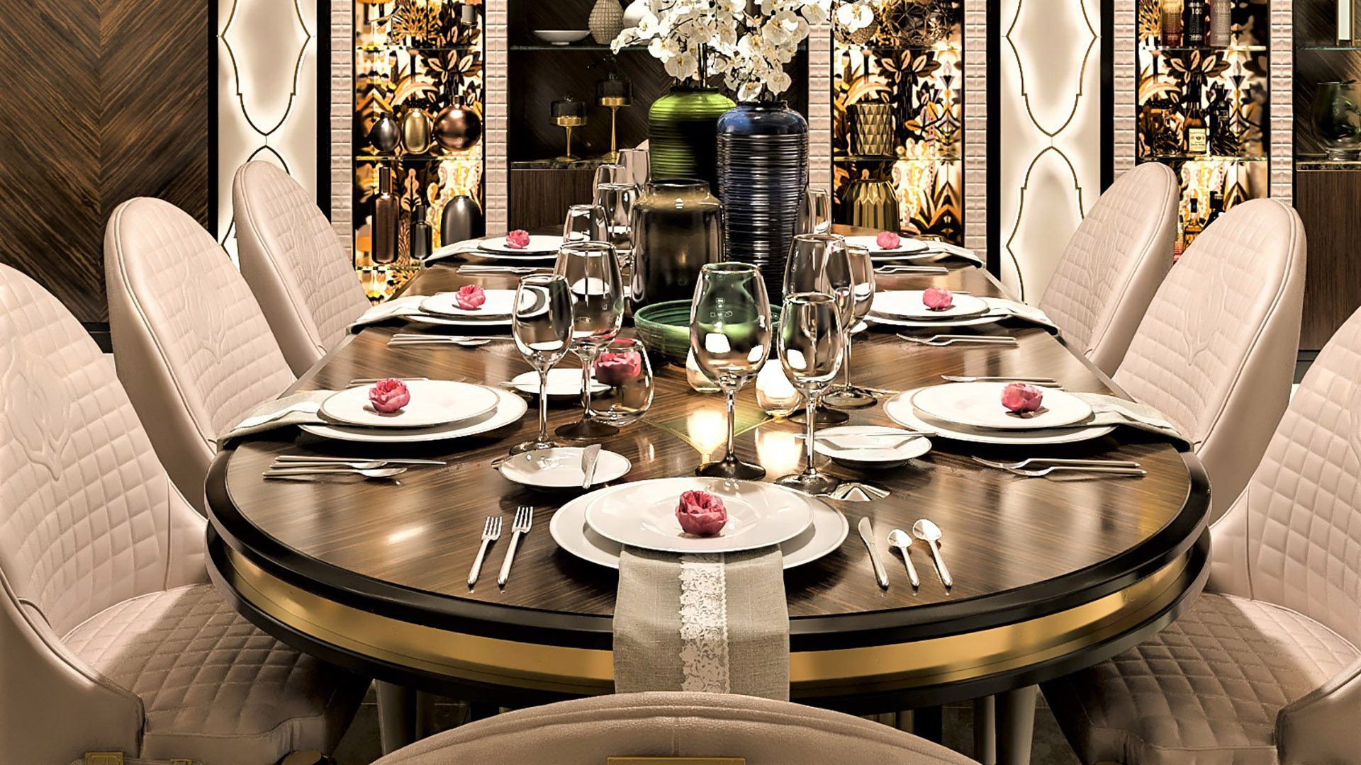 Intimate formal dining table with fine china, crystal stemware, and rose petal accents in The H House Italian-inspired luxury estate West Vancouver