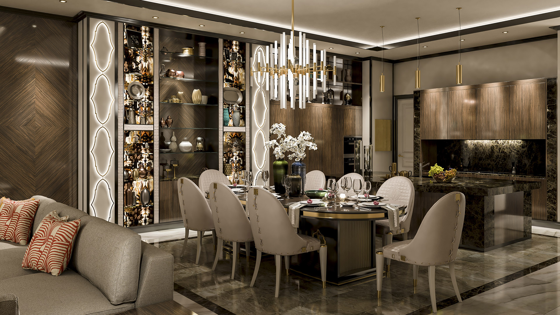Formal dining and kitchen wide view with illuminated arabesque display cabinets and dark marble surfaces in The H House luxury estate West Vancouver built by Eurohouse