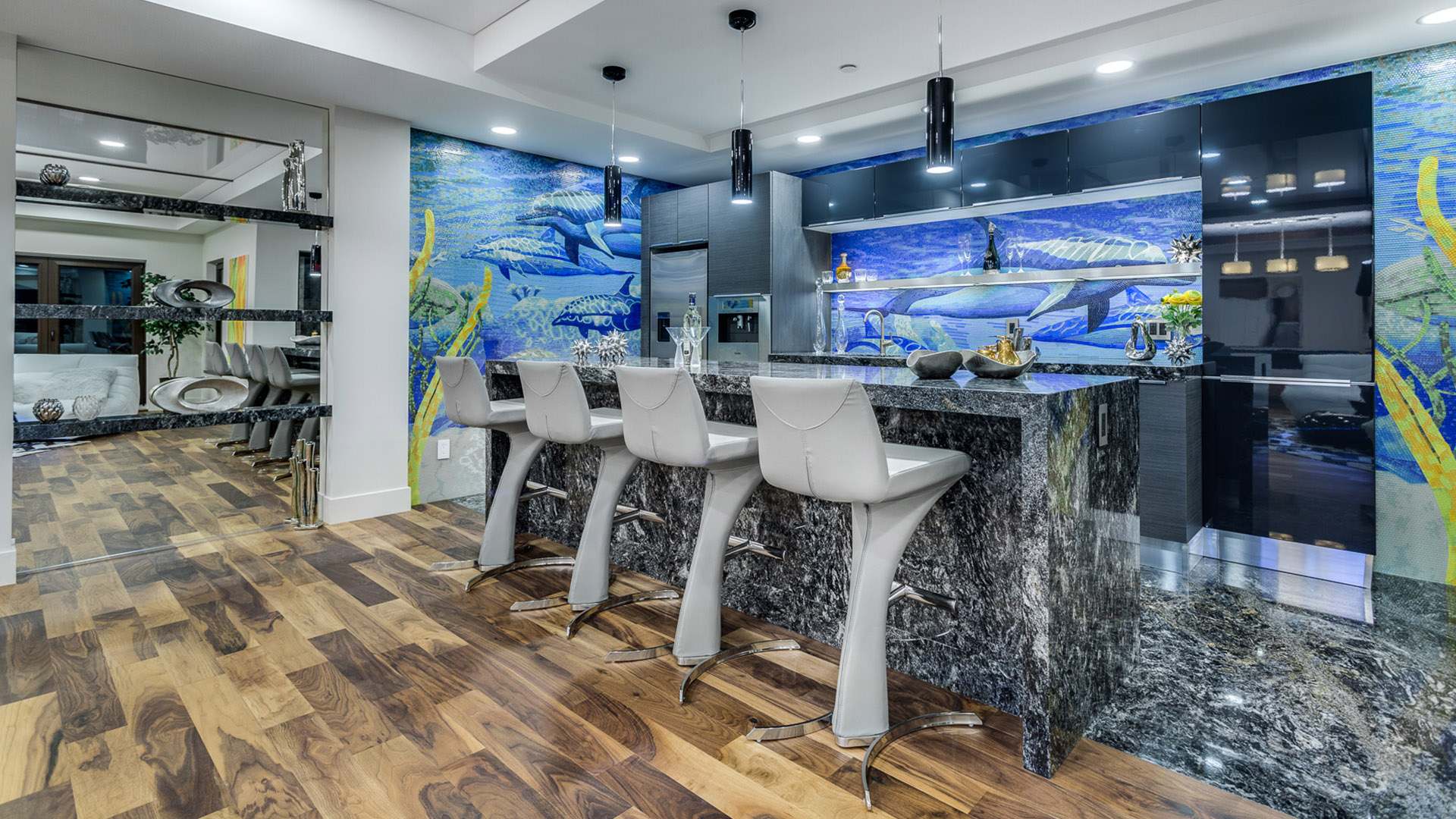 Bar area showing full extent of custom ocean mosaic mural wine cellar entrance and walnut flooring West Coast Contemporary British Properties West Vancouver