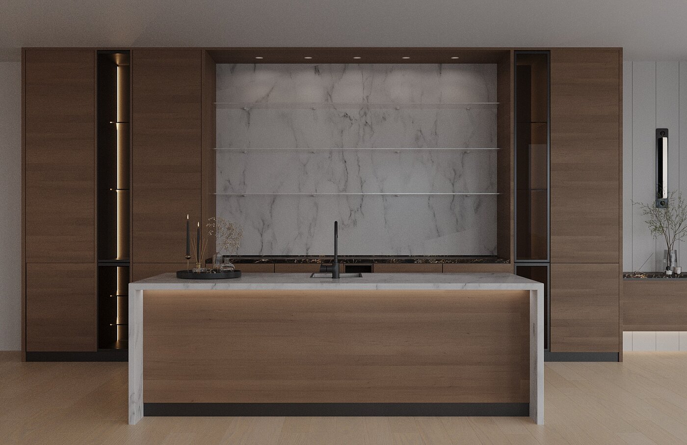 Insurance restoration living room with marble fireplace and ocean view